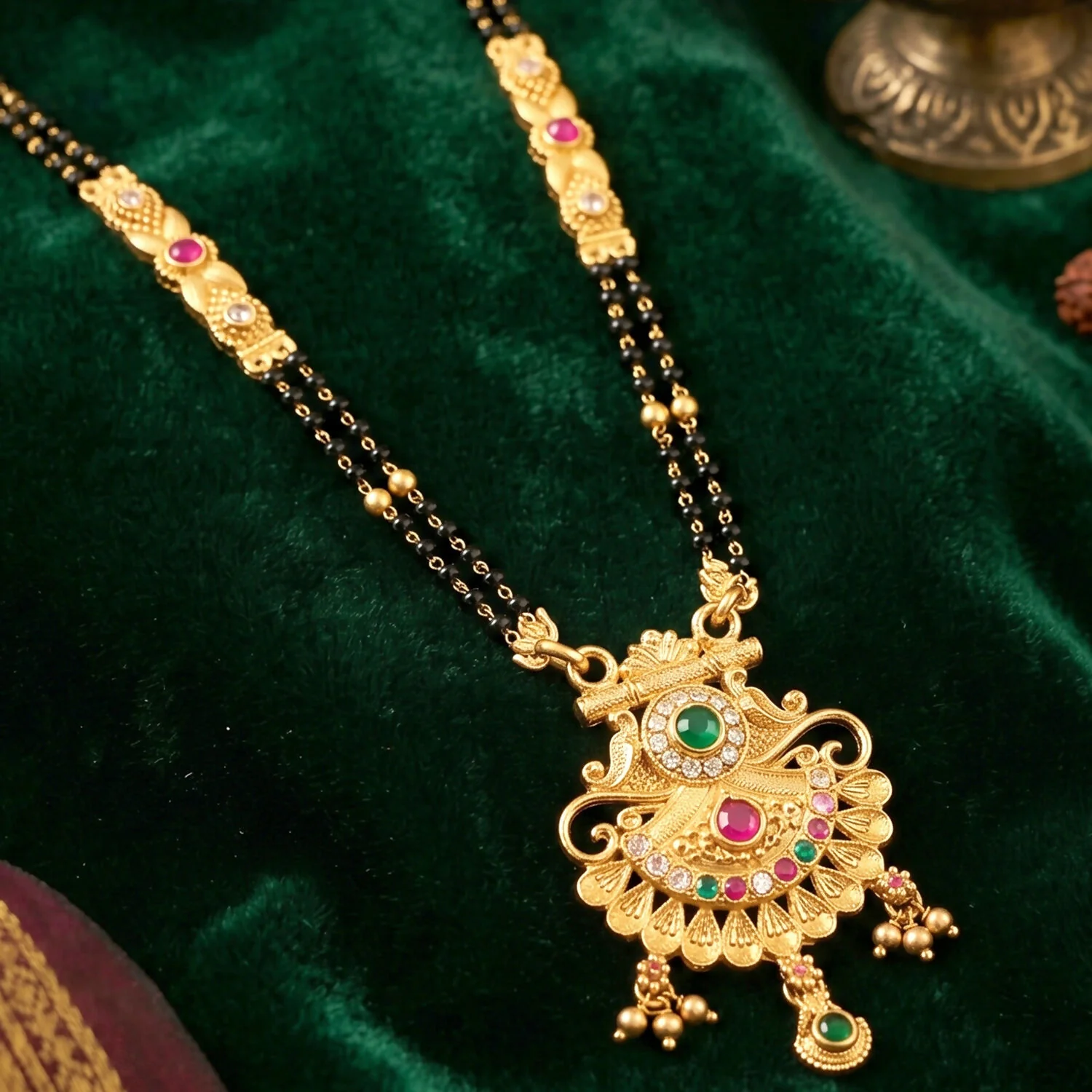 Antique Finish Navaratna Peacock Feather Fan with Multi-Stone Rows Extra Long Double Strand Mangalsutra - Image 5
