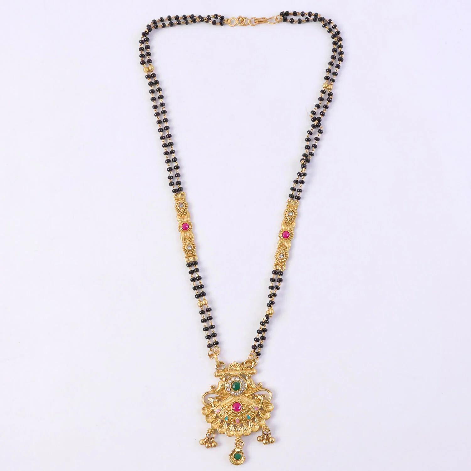Antique Finish Navaratna Peacock Feather Fan with Multi-Stone Rows Extra Long Double Strand Mangalsutra - Image 6
