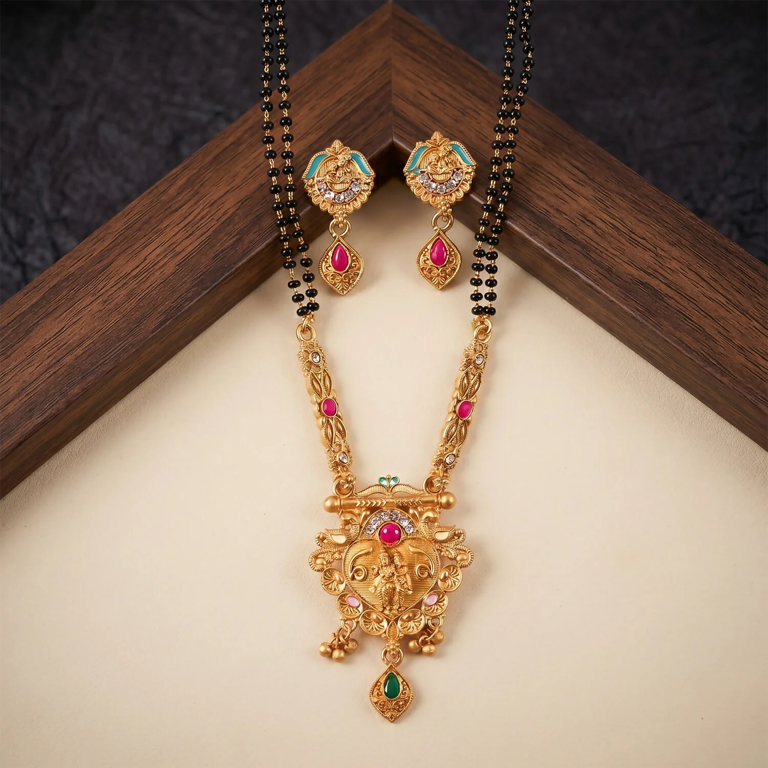 Antique Finish Radha Krishna Deity Medallion with Teal Enamel Drop Earring Set Double Strand Mangalsutra - Image 3