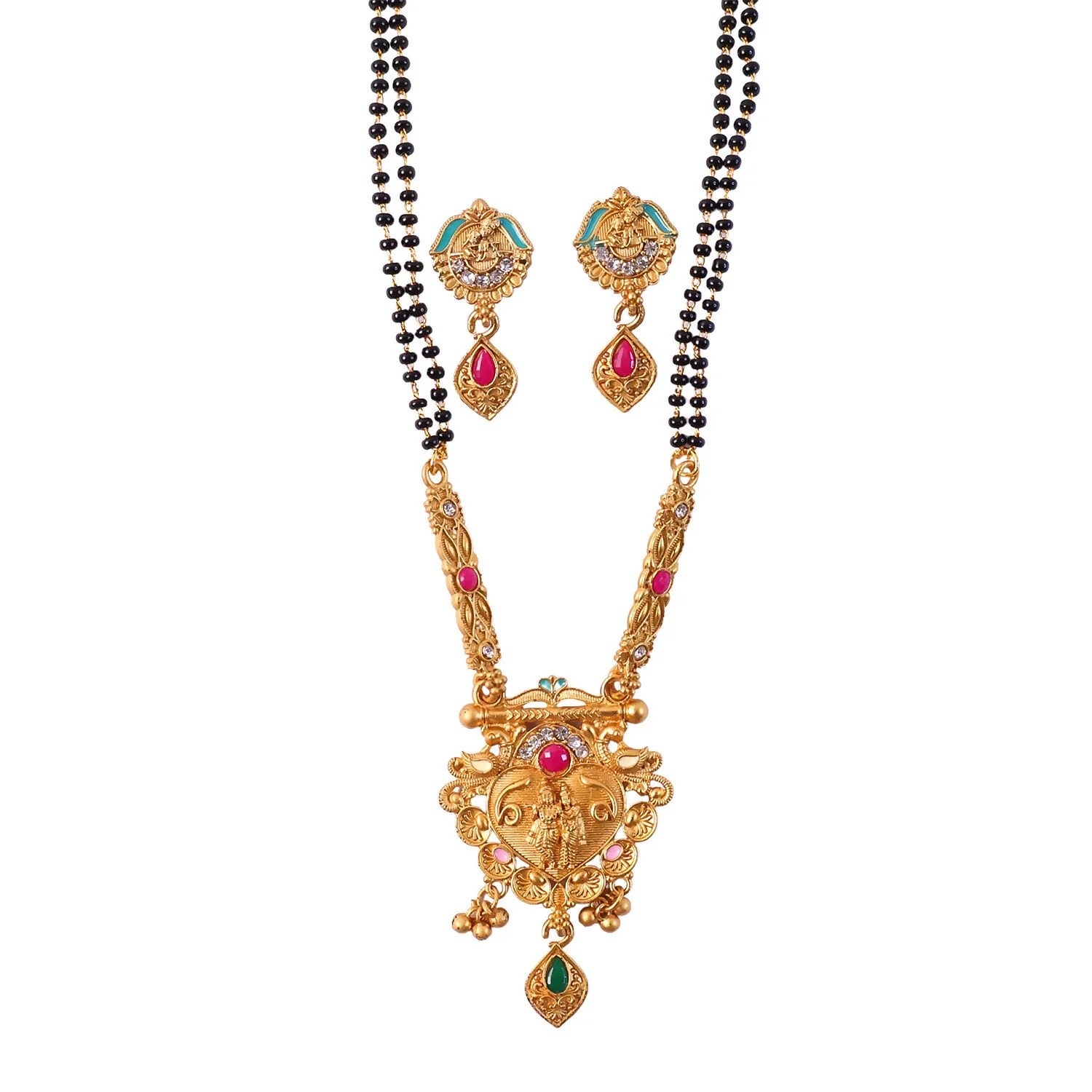 Antique Finish Radha Krishna Deity Medallion with Teal Enamel Drop Earring Set Double Strand Mangalsutra - Image 5
