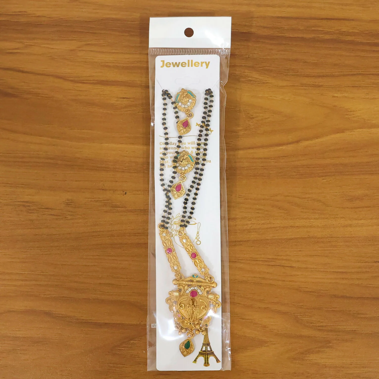 Antique Finish Radha Krishna Deity Medallion with Teal Enamel Drop Earring Set Double Strand Mangalsutra - Image 6