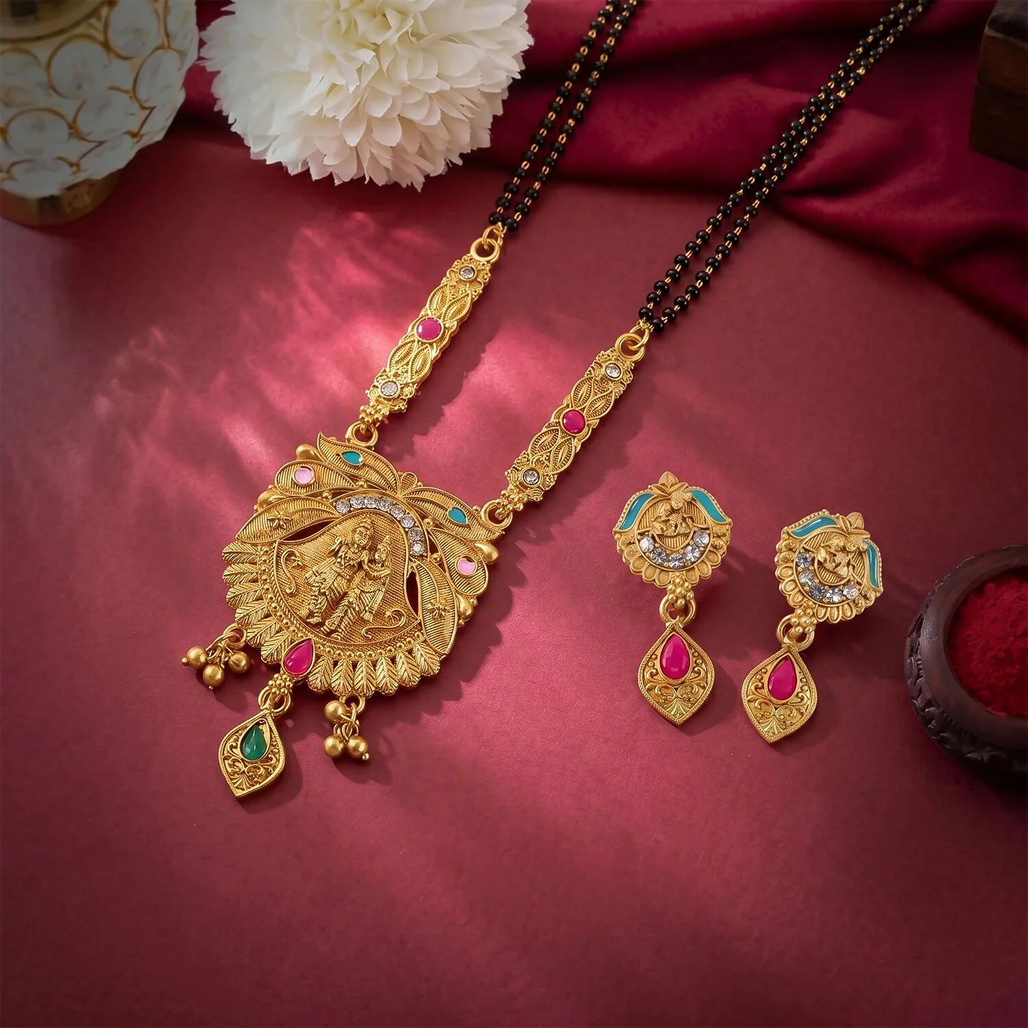Antique Finish Radha Krishna Deity Oval Pendant with Crescent Drop Earring Set Double Strand Mangalsutra - Image 2