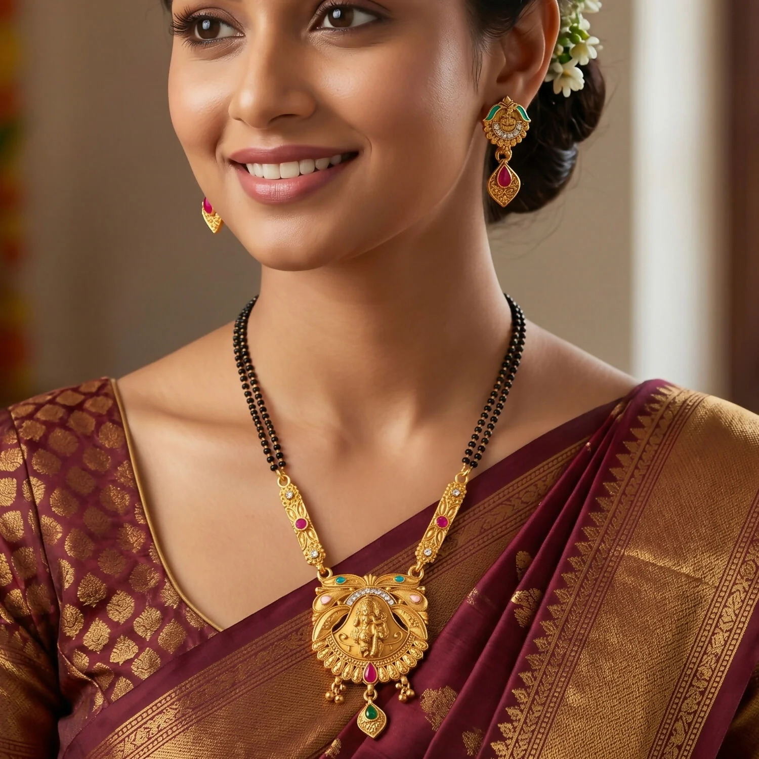 Antique Finish Radha Krishna Deity Oval Pendant with Crescent Drop Earring Set Double Strand Mangalsutra - Image 4
