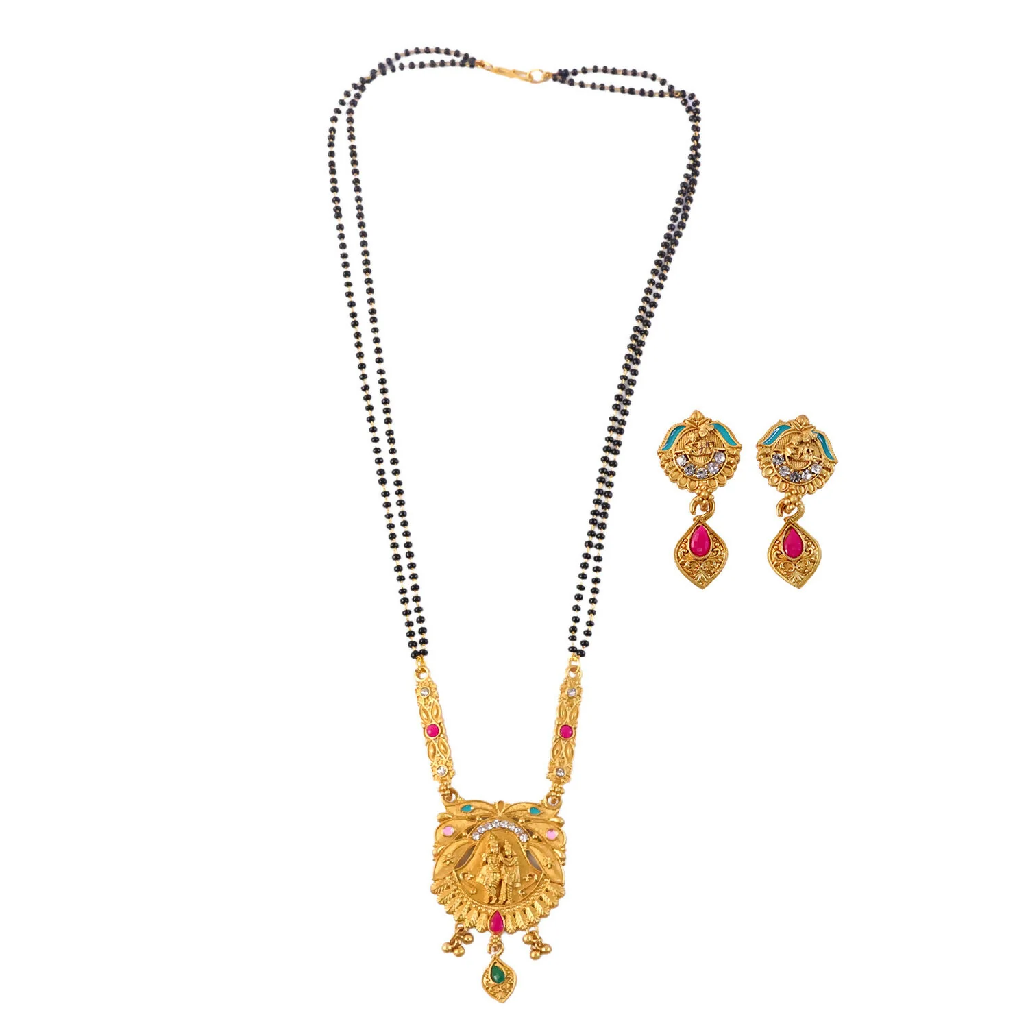 Antique Finish Radha Krishna Deity Oval Pendant with Crescent Drop Earring Set Double Strand Mangalsutra - Image 5