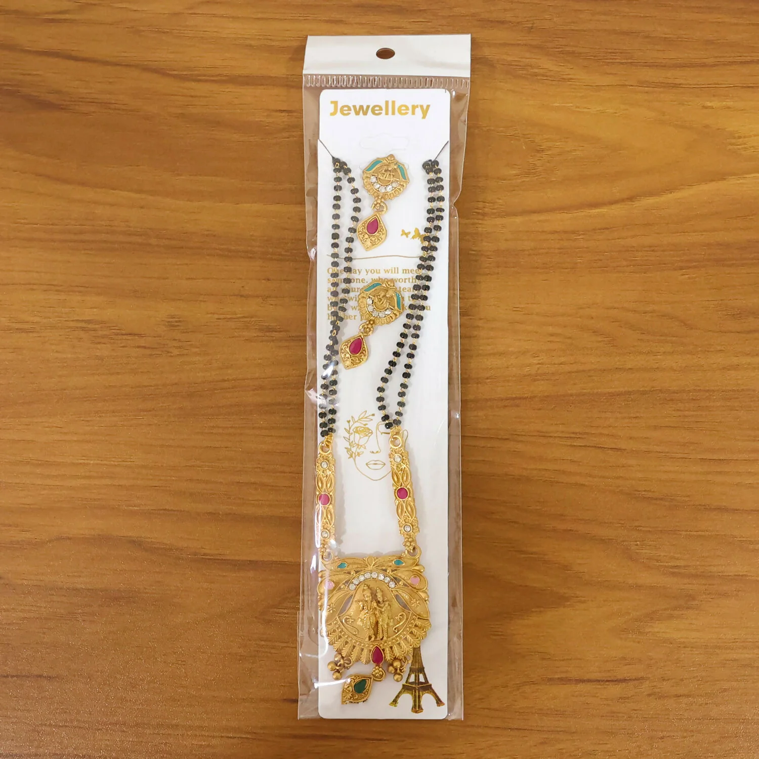 Antique Finish Radha Krishna Deity Oval Pendant with Crescent Drop Earring Set Double Strand Mangalsutra - Image 6