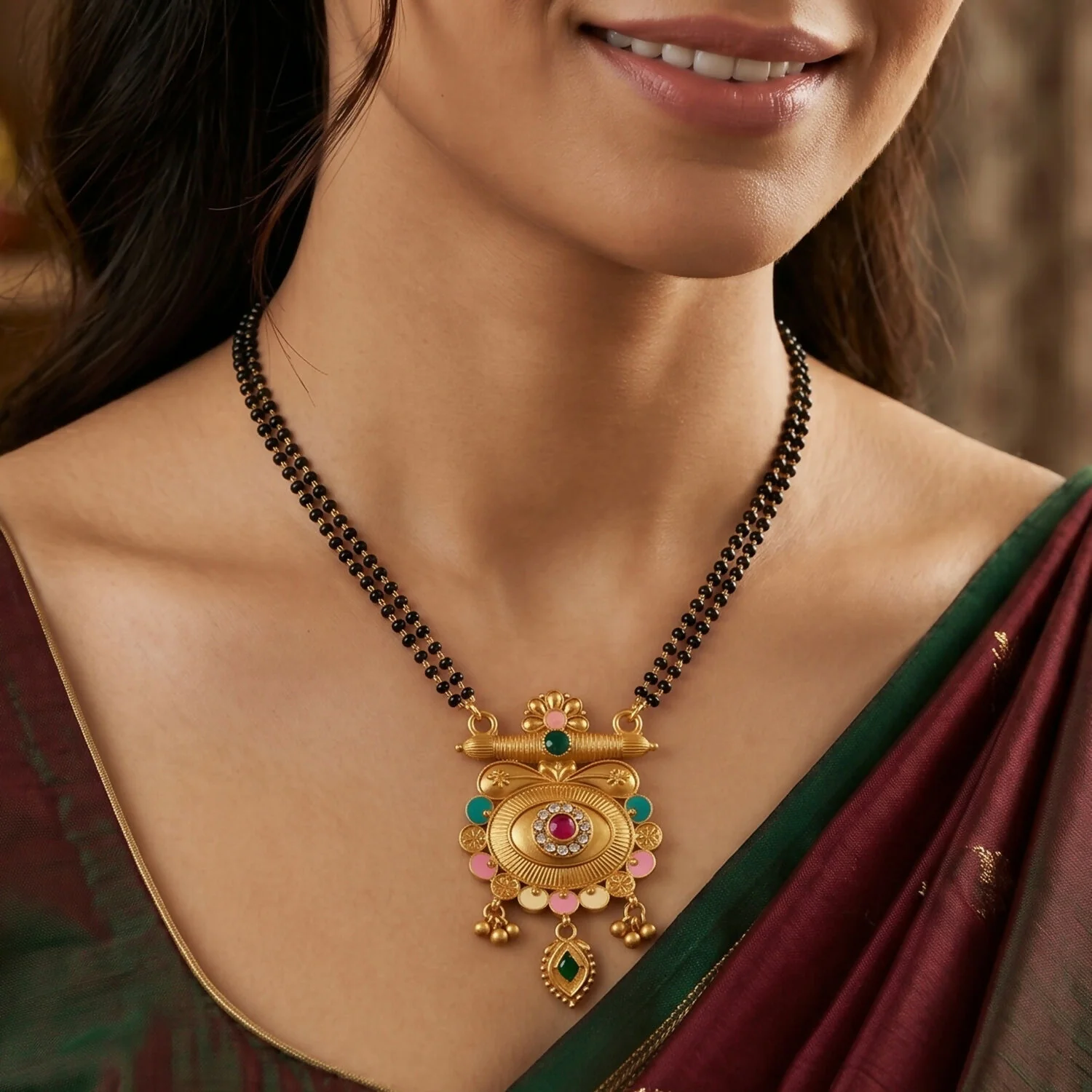 Antique Finish Shiva Linga Inspired Cylinder Pendant Double Strand Mangalsutra - Image 2