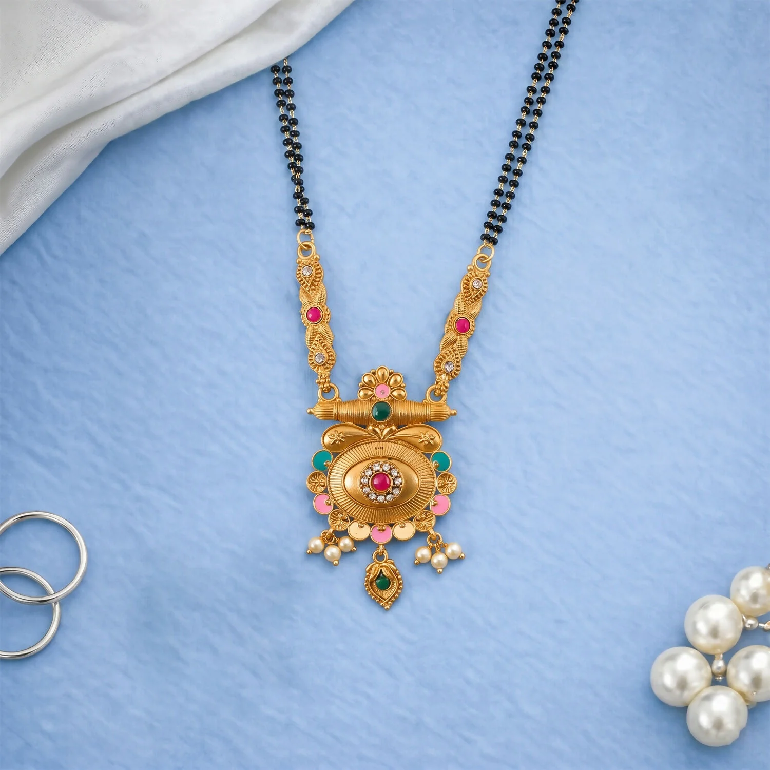 Antique Finish Shiva Linga Inspired Cylinder Pendant Double Strand Mangalsutra - Image 3
