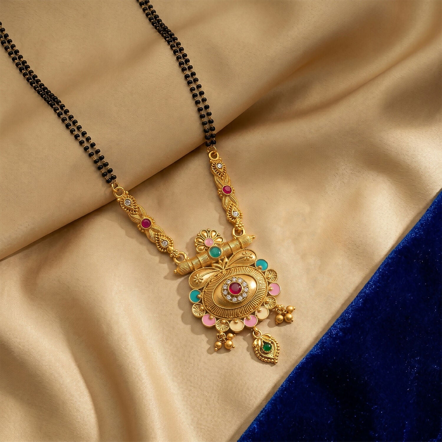 Antique Finish Shiva Linga Inspired Cylinder Pendant Double Strand Mangalsutra - Image 4