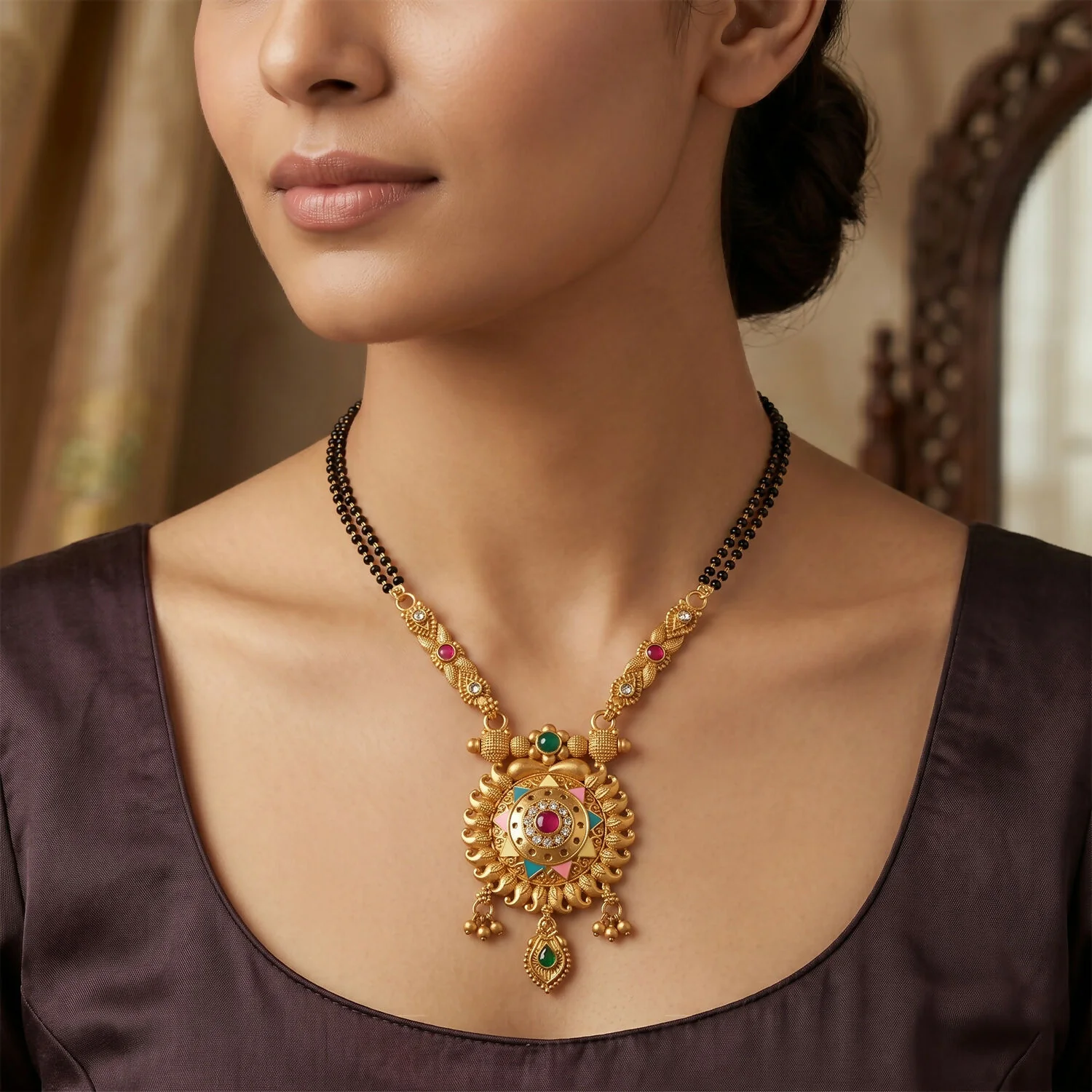 Antique Finish Sun Wheel Pendant with Multi-Petal Enamel Double Strand Mangalsutra - Image 2