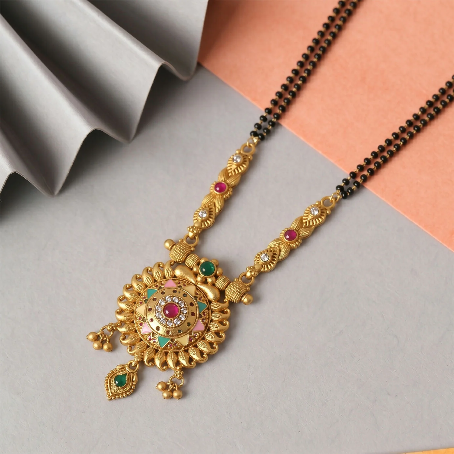 Antique Finish Sun Wheel Pendant with Multi-Petal Enamel Double Strand Mangalsutra - Image 3