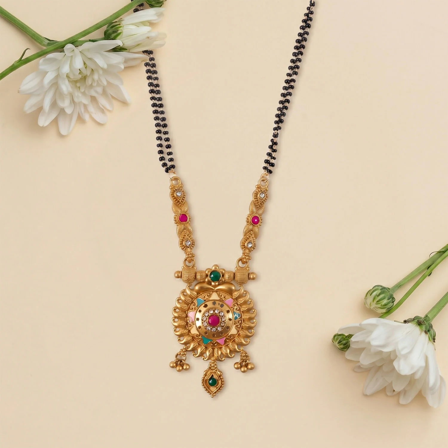 Antique Finish Sun Wheel Pendant with Multi-Petal Enamel Double Strand Mangalsutra - Image 4