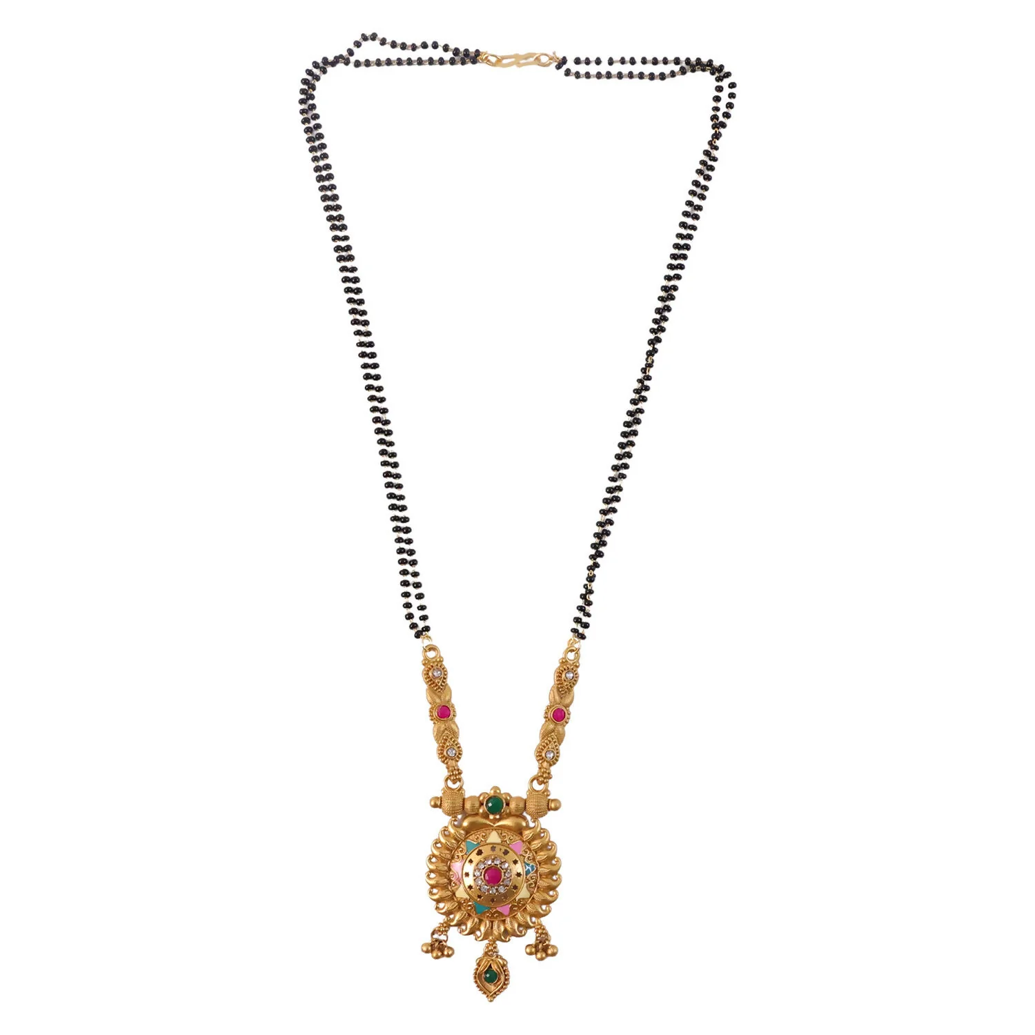 Antique Finish Sun Wheel Pendant with Multi-Petal Enamel Double Strand Mangalsutra - Image 5
