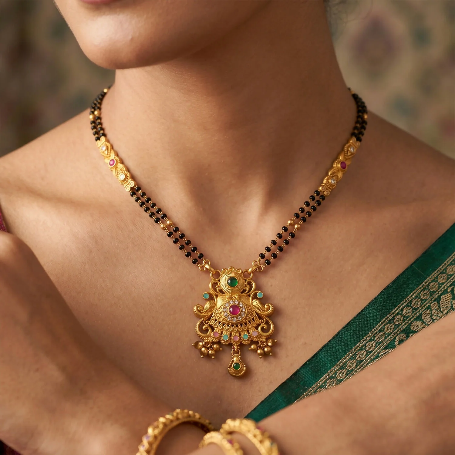 Antique Finish Sunburst Filigree Pendant with Rainbow Bead Cascade Double Strand Mangalsutra - Image 2