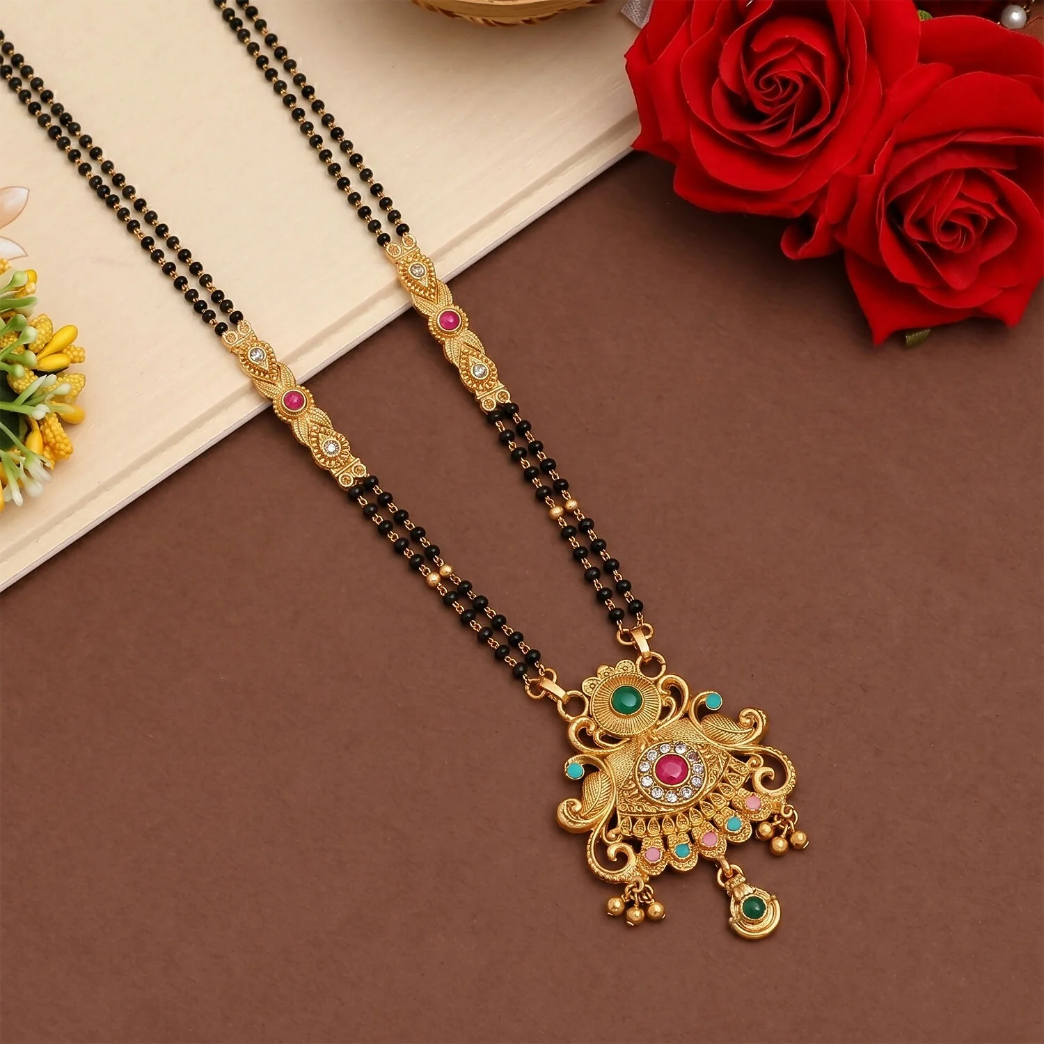 Antique Finish Sunburst Filigree Pendant with Rainbow Bead Cascade Double Strand Mangalsutra - Image 3