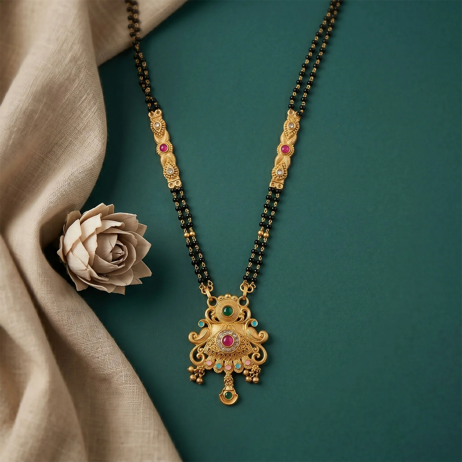 Antique Finish Sunburst Filigree Pendant with Rainbow Bead Cascade Double Strand Mangalsutra - Image 4