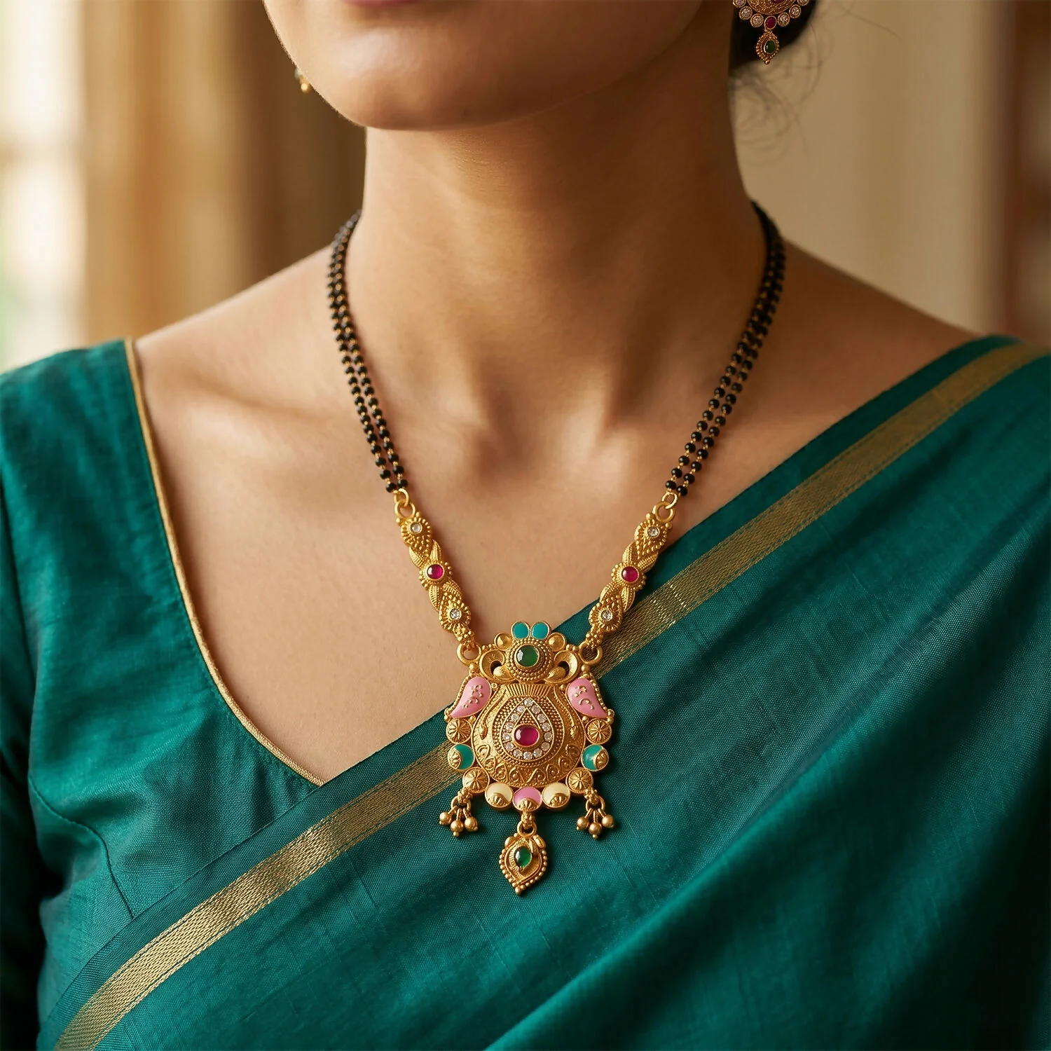 Antique Finish Sunburst Peacock Pendant with Ghungroo & Emerald Drop Double Strand Mangalsutra - Image 2