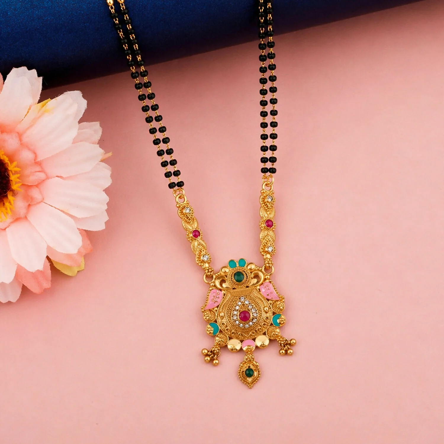 Antique Finish Sunburst Peacock Pendant with Ghungroo & Emerald Drop Double Strand Mangalsutra - Image 3