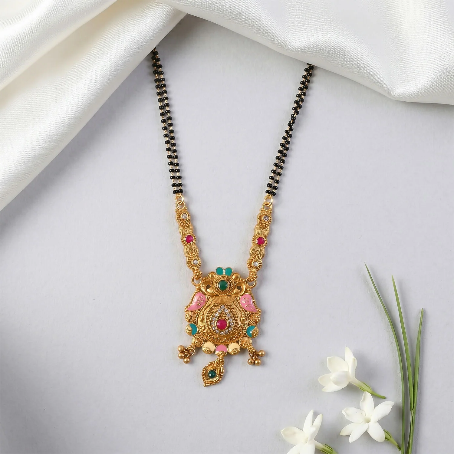 Antique Finish Sunburst Peacock Pendant with Ghungroo & Emerald Drop Double Strand Mangalsutra - Image 4