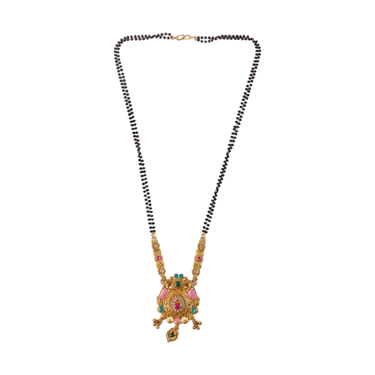Antique Finish Sunburst Peacock Pendant with Ghungroo & Emerald Drop Double Strand Mangalsutra - Image 5