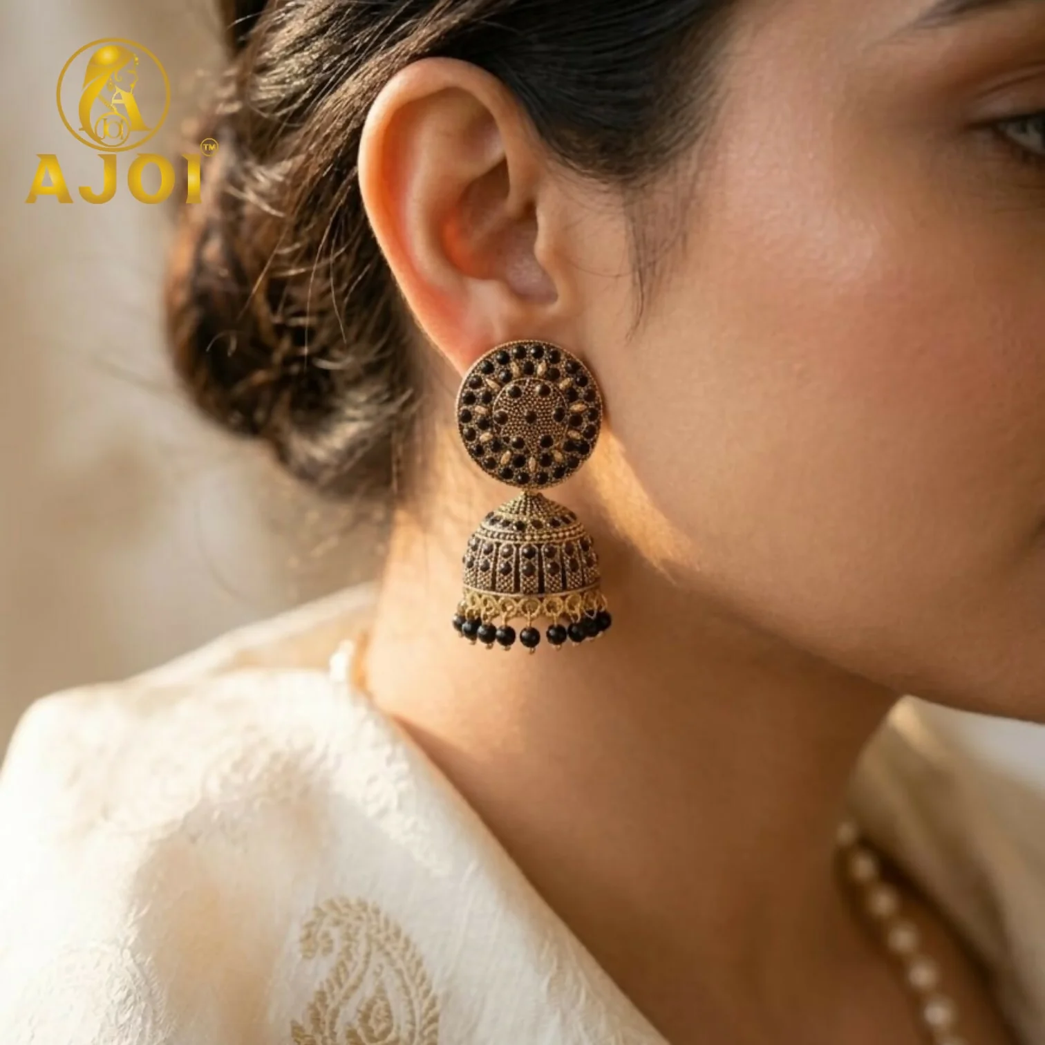 Antique Gold Black Stone Jhumka Earrings Traditional Ethnic Design - Image 2