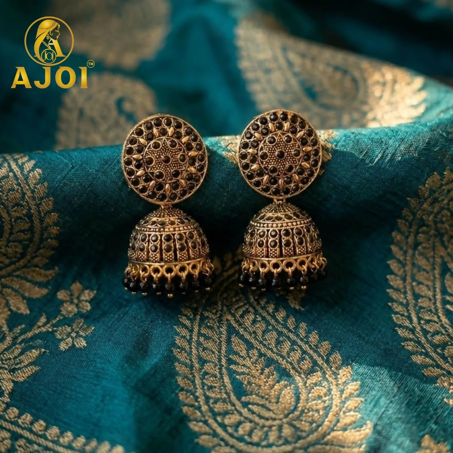 Antique Gold Black Stone Jhumka Earrings Traditional Ethnic Design - Image 3