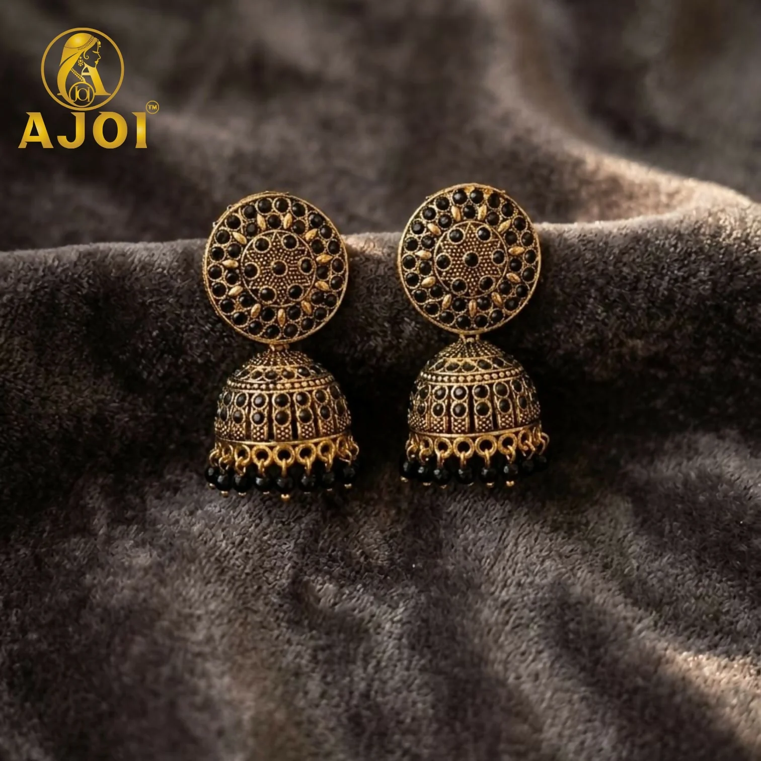 Antique Gold Black Stone Jhumka Earrings Traditional Ethnic Design - Image 4