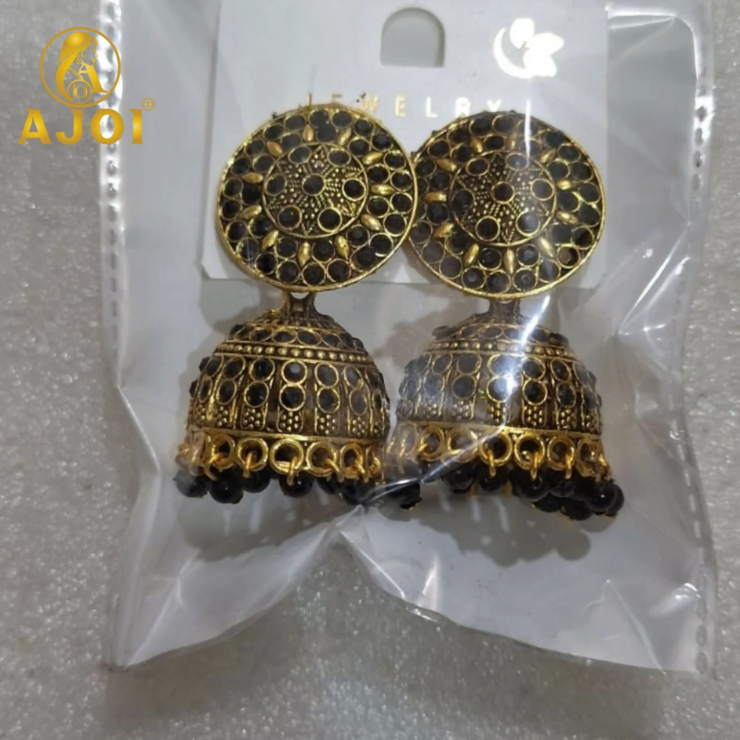 Antique Gold Black Stone Jhumka Earrings Traditional Ethnic Design - Image 5