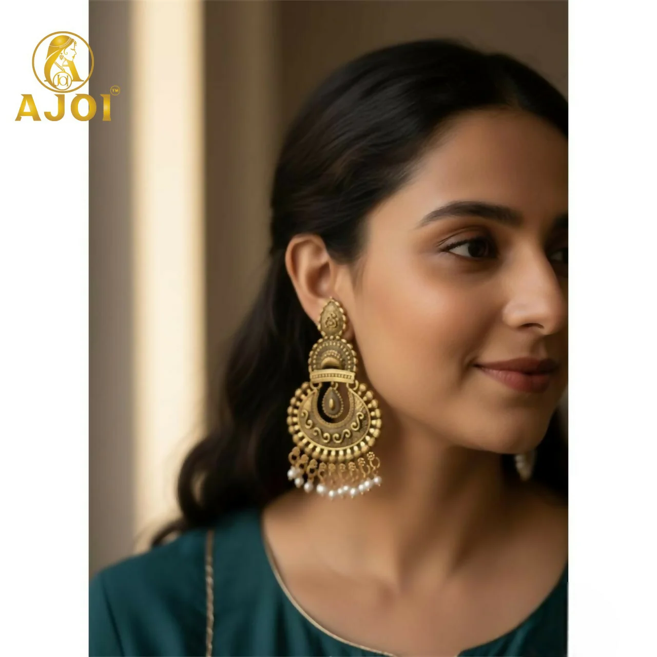 Antique Gold Finish Earrings with Pearl Drops | Traditional Ethnic Jewellery for Women - Image 2