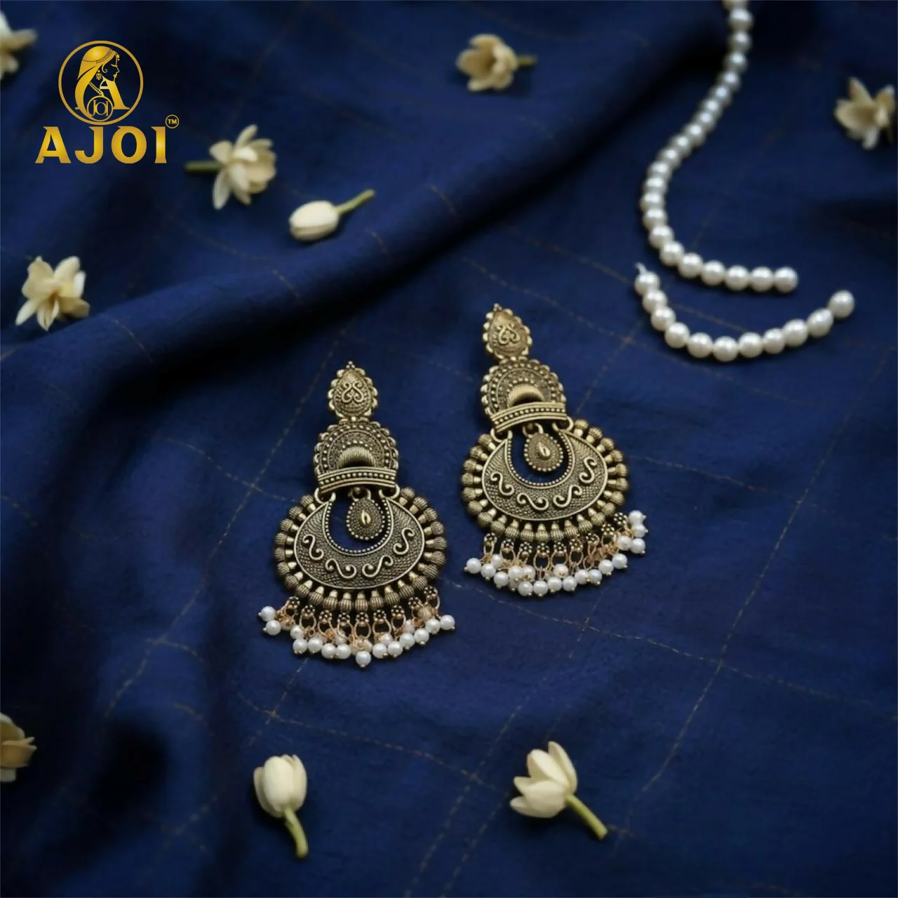 Antique Gold Finish Earrings with Pearl Drops | Traditional Ethnic Jewellery for Women - Image 3