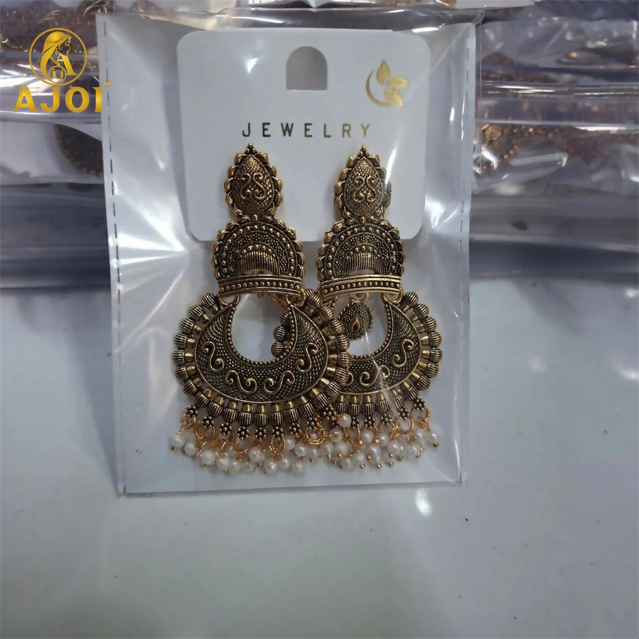 Antique Gold Finish Earrings with Pearl Drops | Traditional Ethnic Jewellery for Women - Image 5