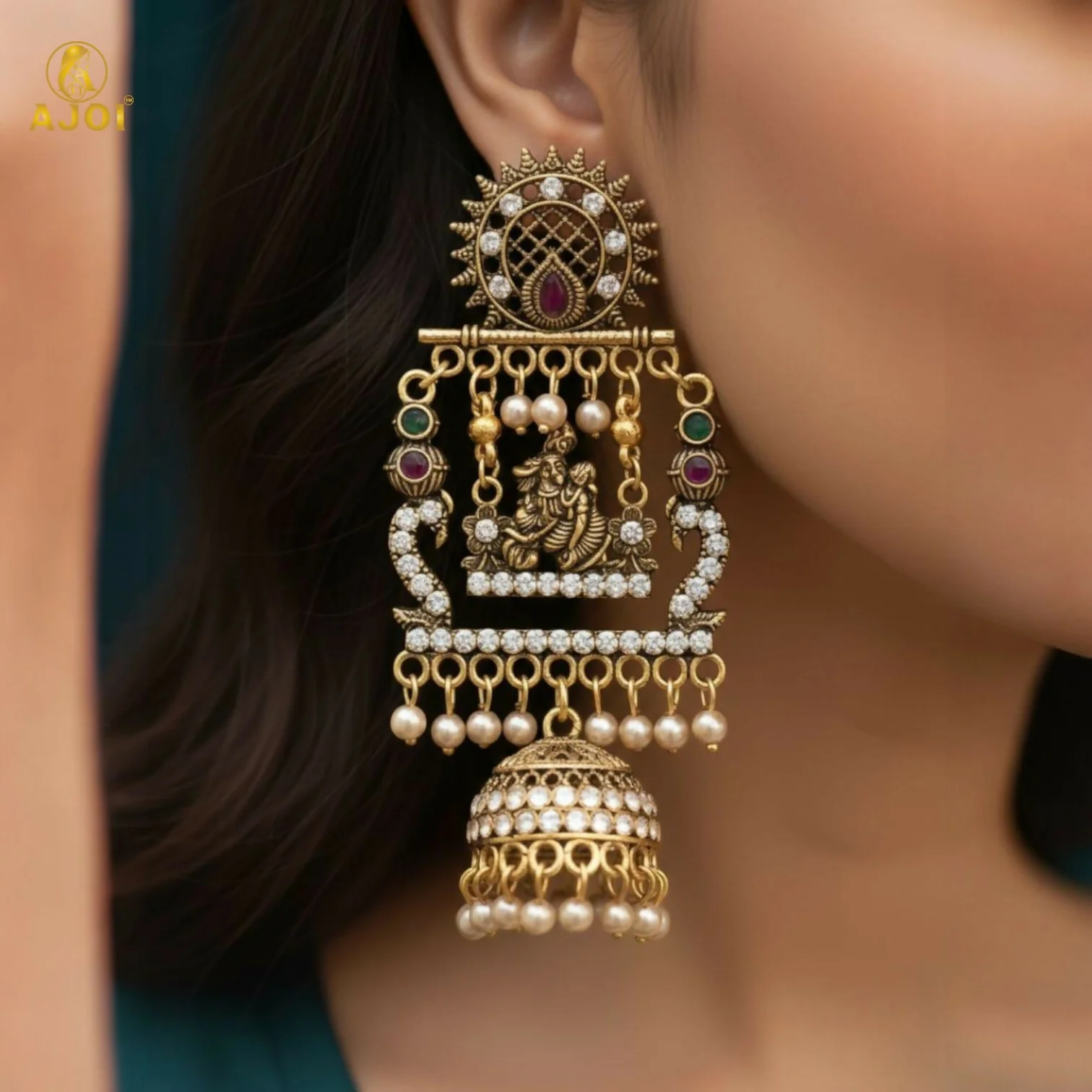 Antique Gold Finish Radha-Krishna Temple Jhumka Earring - Image 2