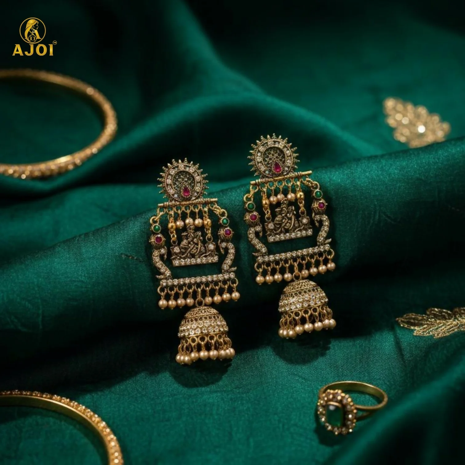 Antique Gold Finish Radha-Krishna Temple Jhumka Earring - Image 3