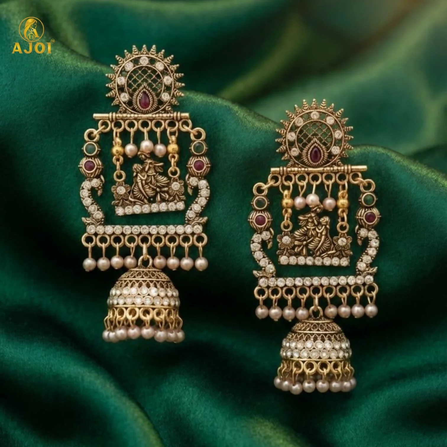 Antique Gold Finish Radha-Krishna Temple Jhumka Earring - Image 4