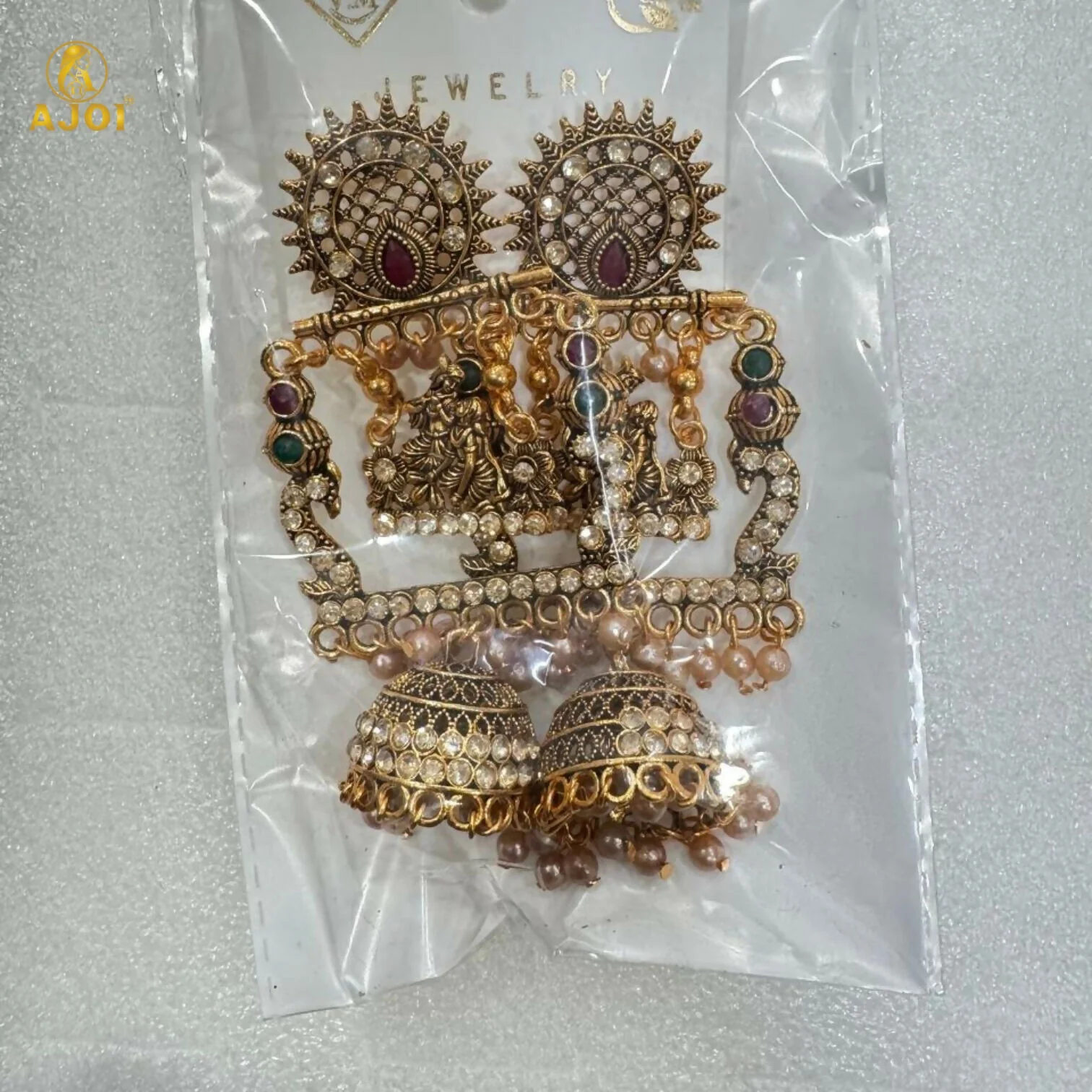 Antique Gold Finish Radha-Krishna Temple Jhumka Earring - Image 5