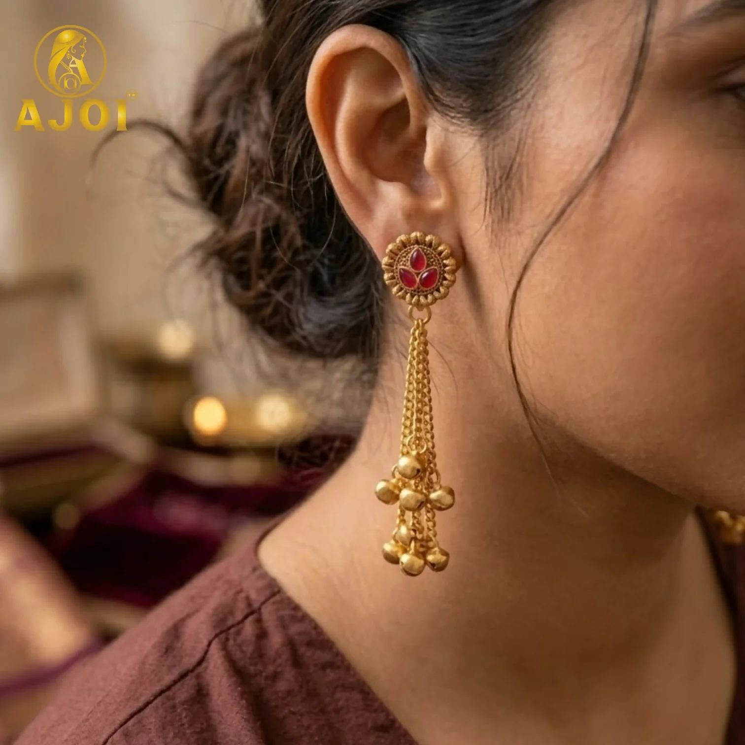 Antique Gold Floral Stud Earrings - Image 2