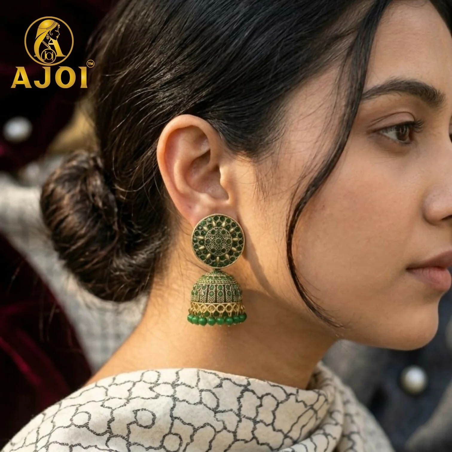 Antique Gold Green Stone Jhumka Earrings Traditional Ethnic Jewelry - Image 2