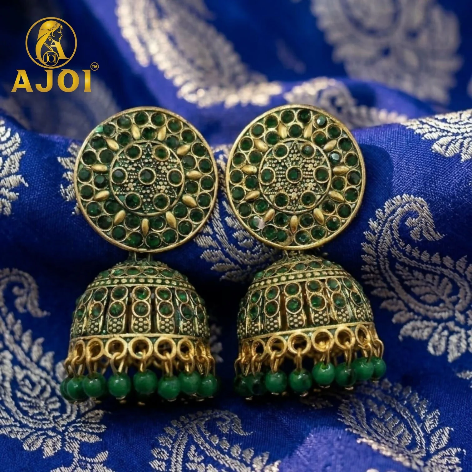 Antique Gold Green Stone Jhumka Earrings Traditional Ethnic Jewelry - Image 3