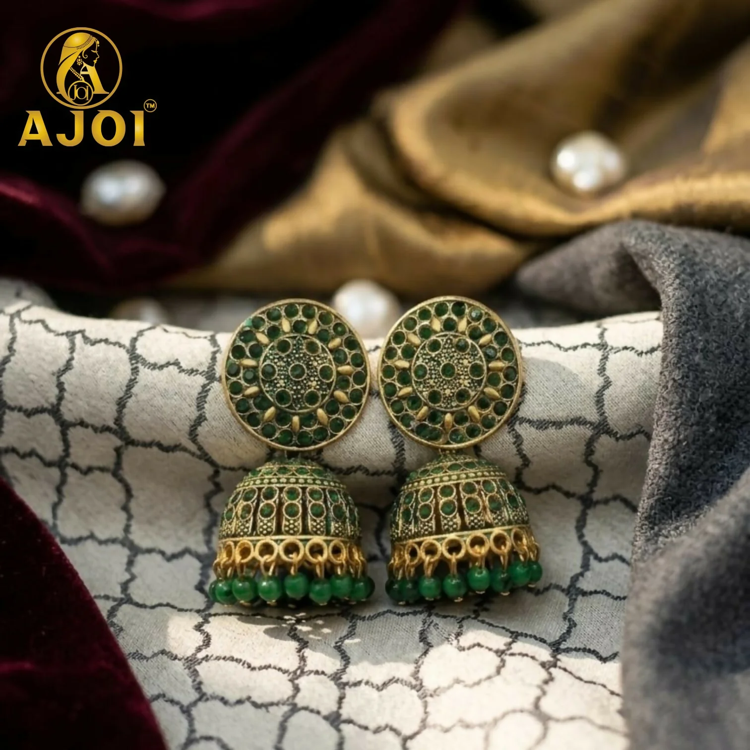 Antique Gold Green Stone Jhumka Earrings Traditional Ethnic Jewelry - Image 4