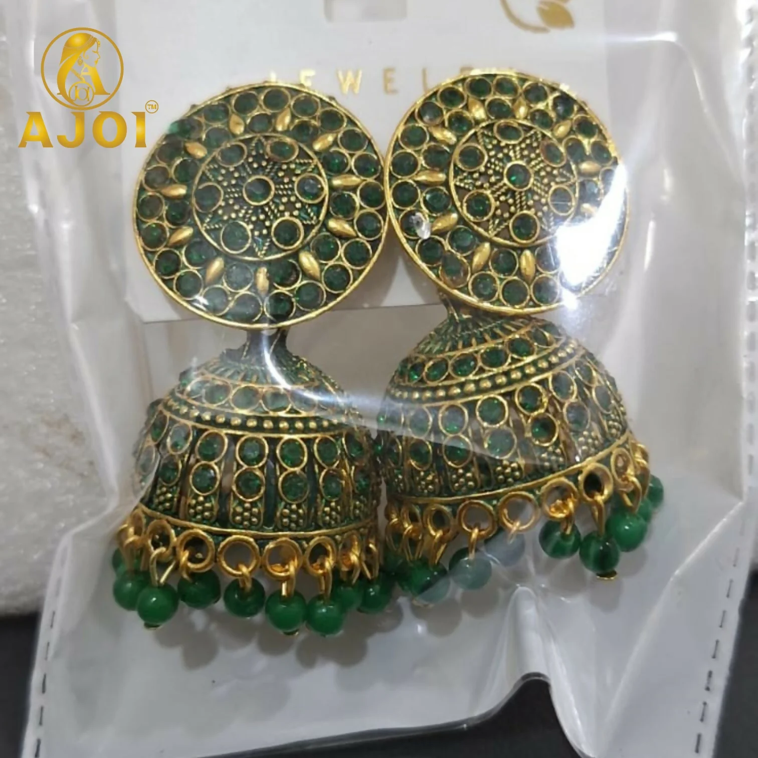 Antique Gold Green Stone Jhumka Earrings Traditional Ethnic Jewelry - Image 5