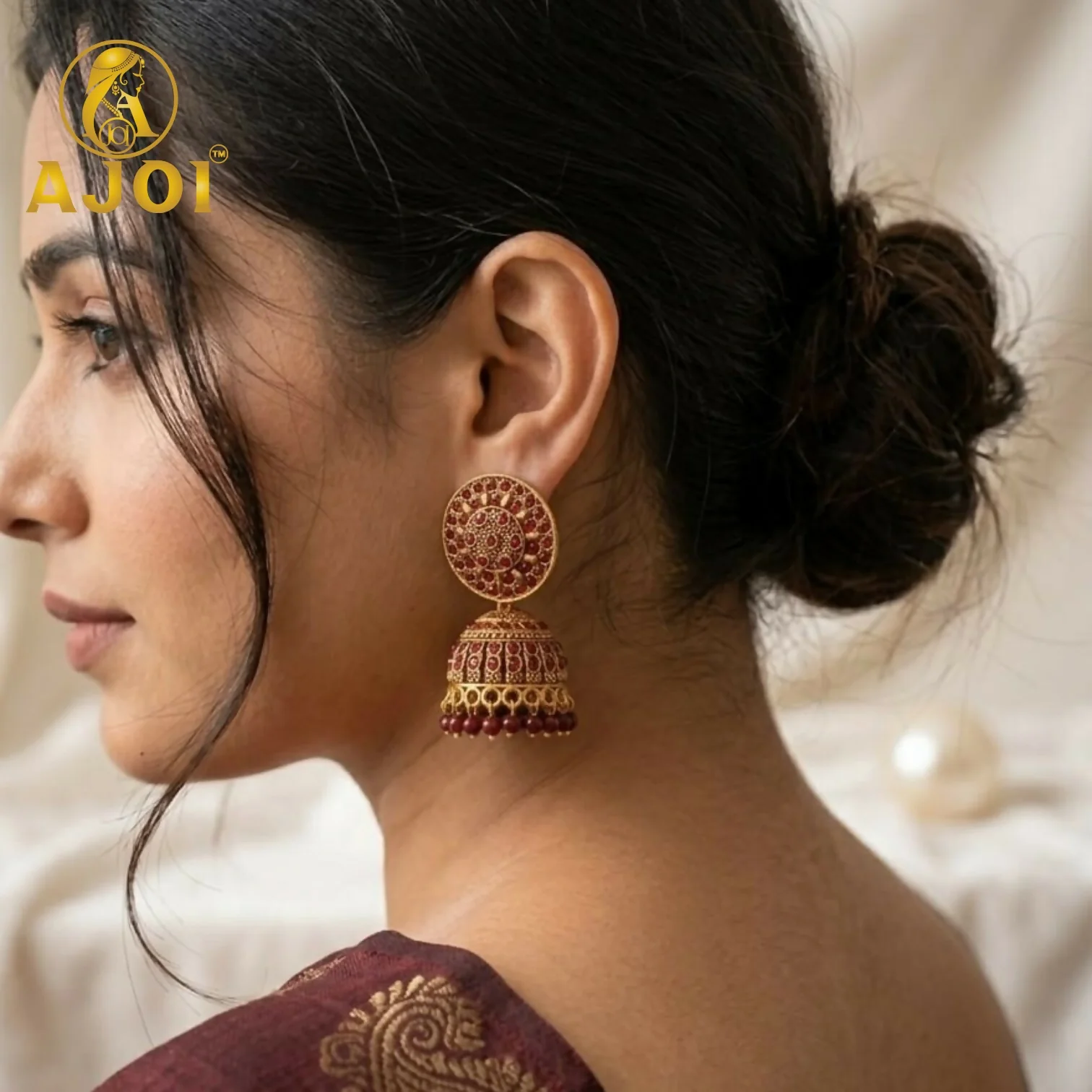 Antique Gold Maroon Stone Jhumka Earrings Traditional Ethnic Design - Image 2