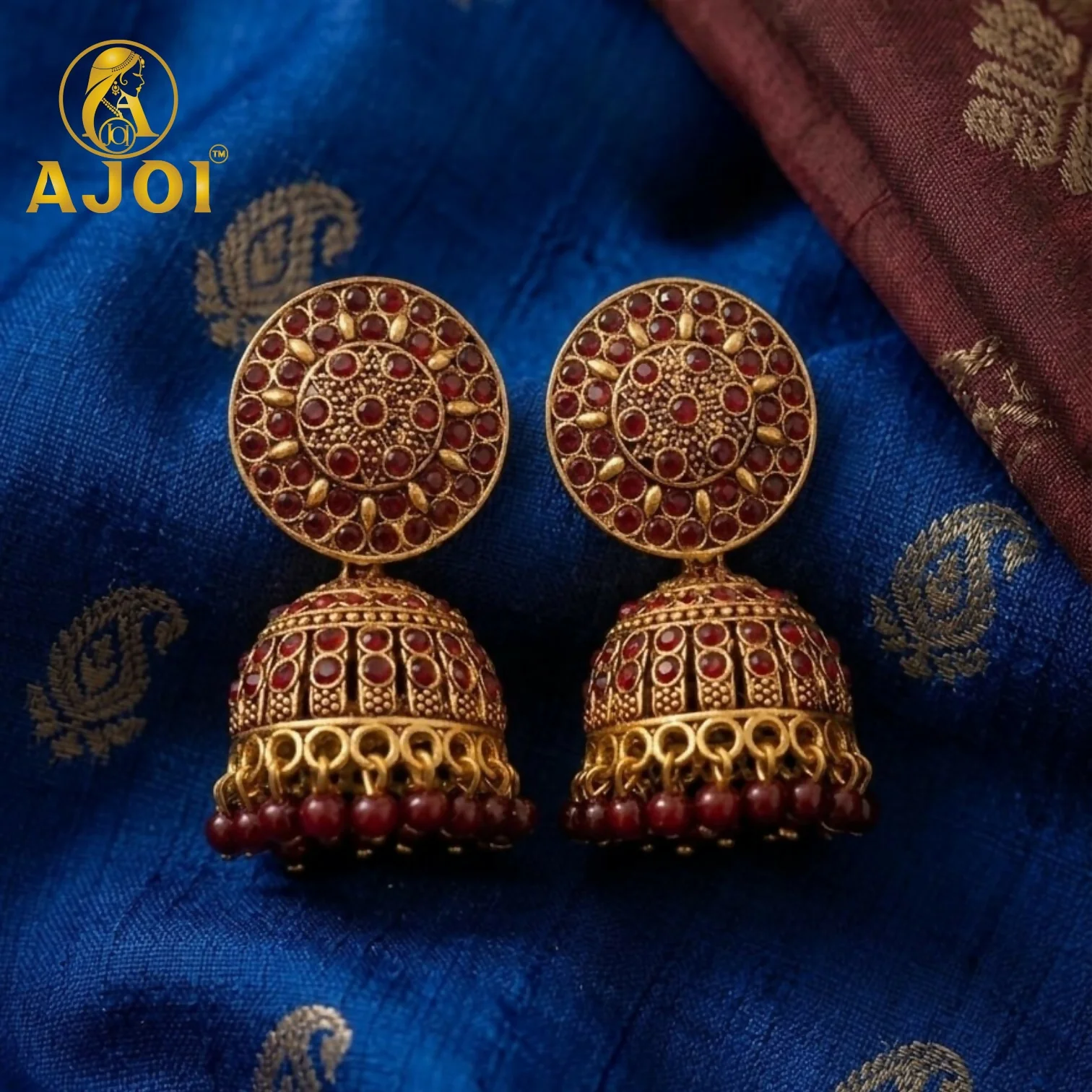 Antique Gold Maroon Stone Jhumka Earrings Traditional Ethnic Design - Image 3