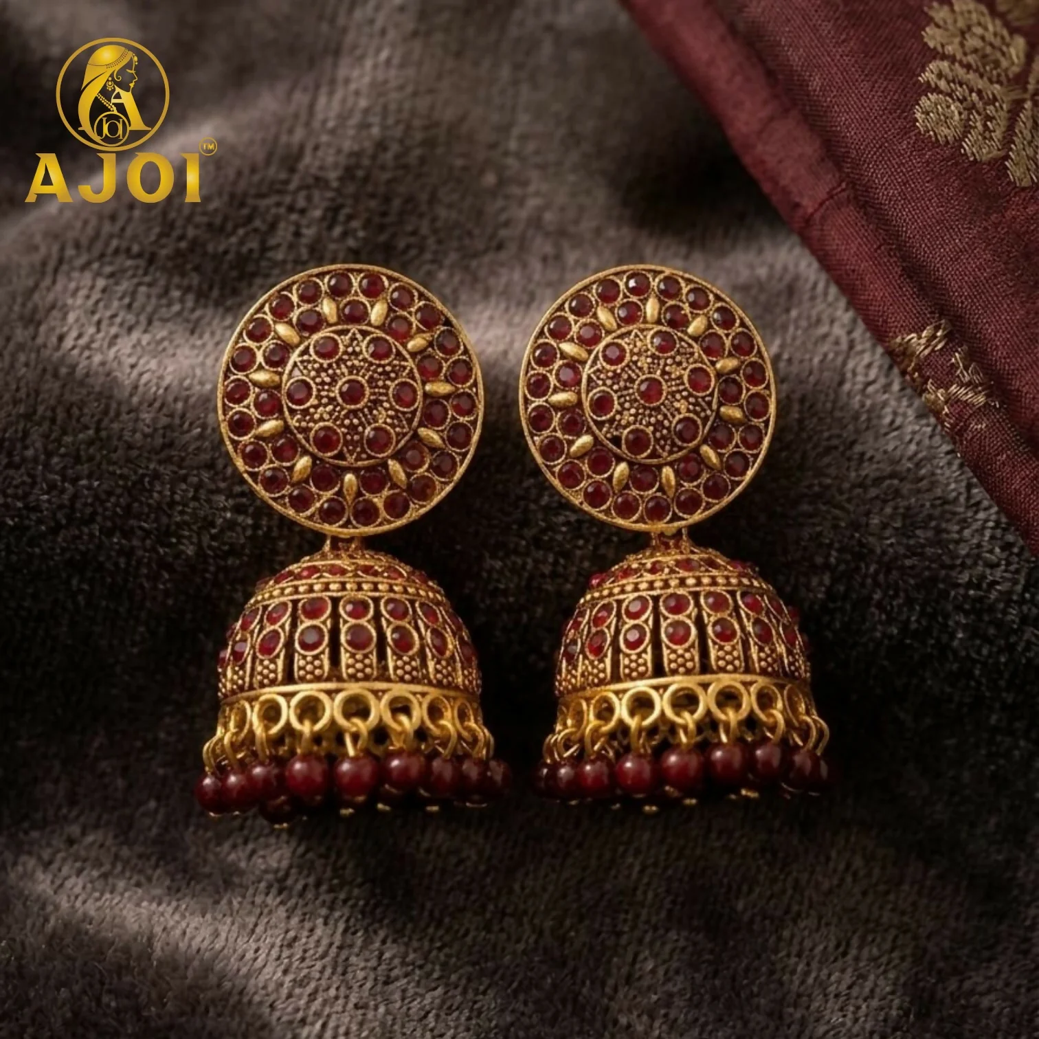 Antique Gold Maroon Stone Jhumka Earrings Traditional Ethnic Design - Image 4