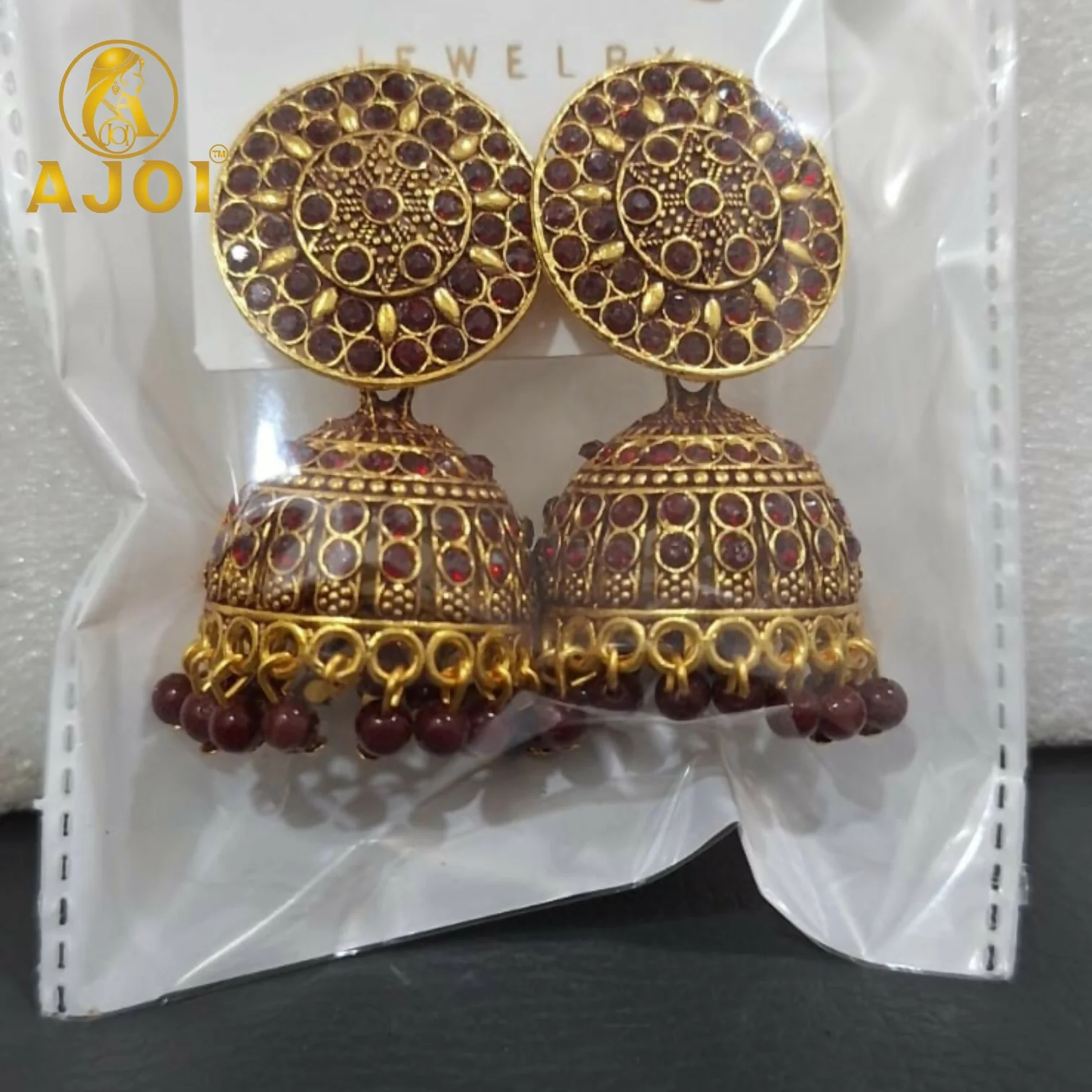 Antique Gold Maroon Stone Jhumka Earrings Traditional Ethnic Design - Image 5