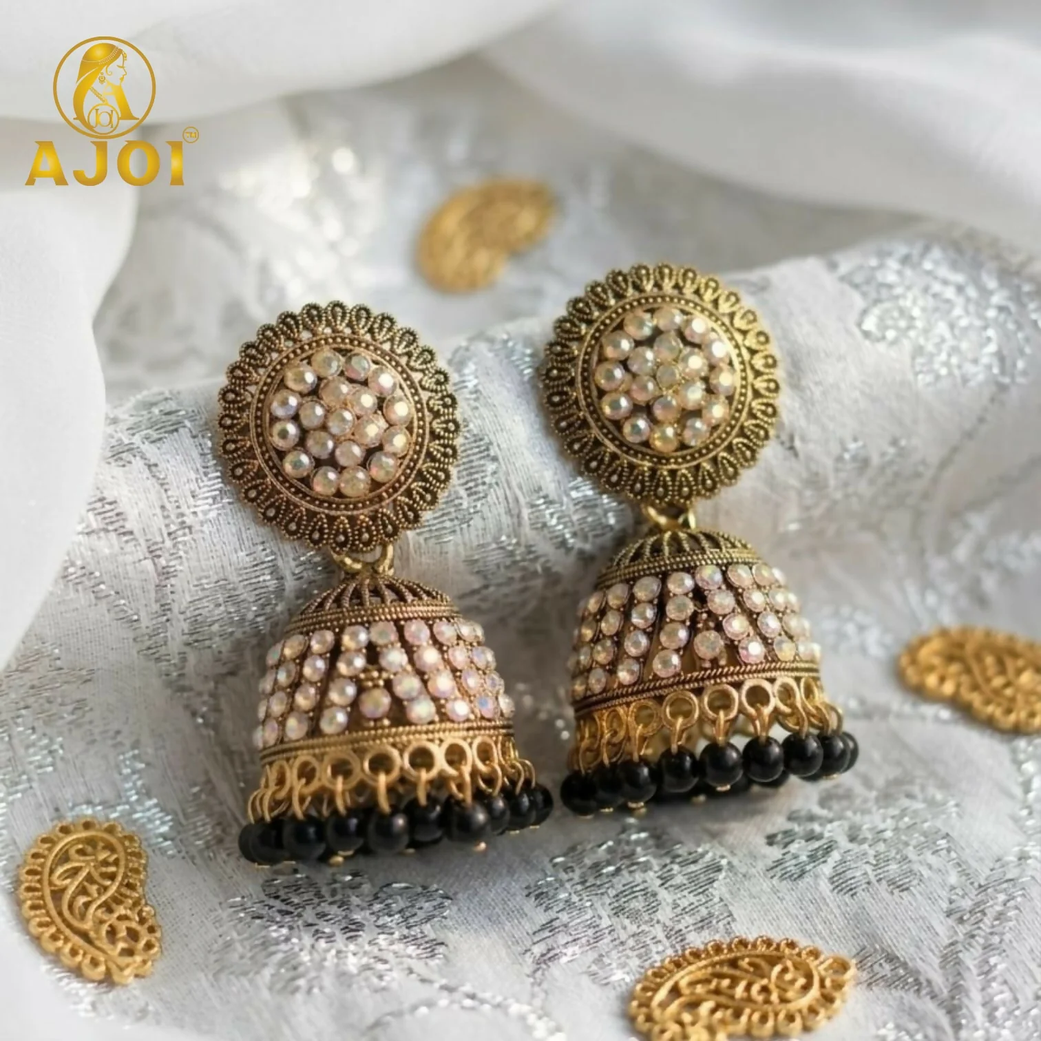 Antique Gold Pearl Jhumka Earrings with Black Bead Drop for Ethnic Wear