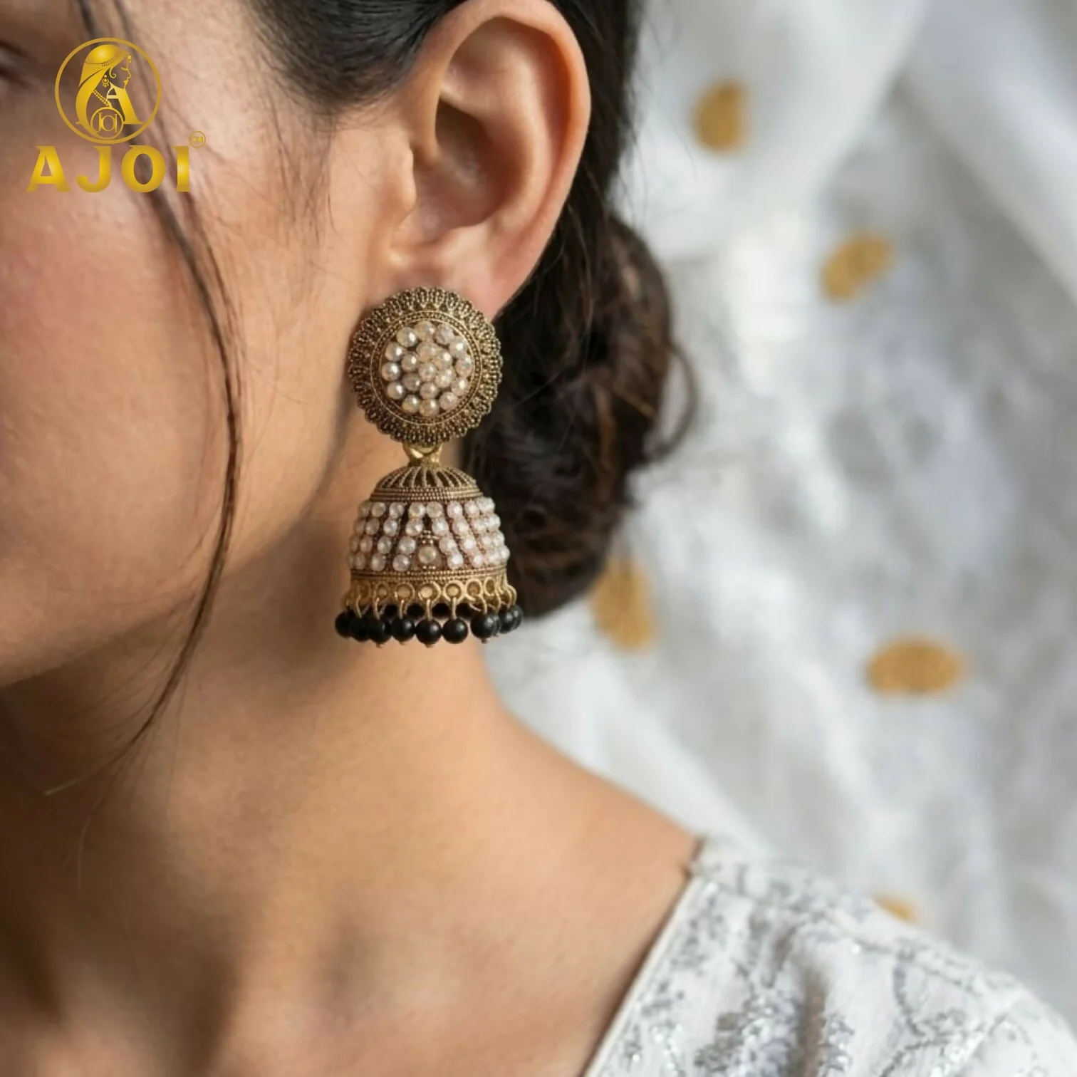 Antique Gold Pearl Jhumka Earrings with Black Bead Drop for Ethnic Wear - Image 2