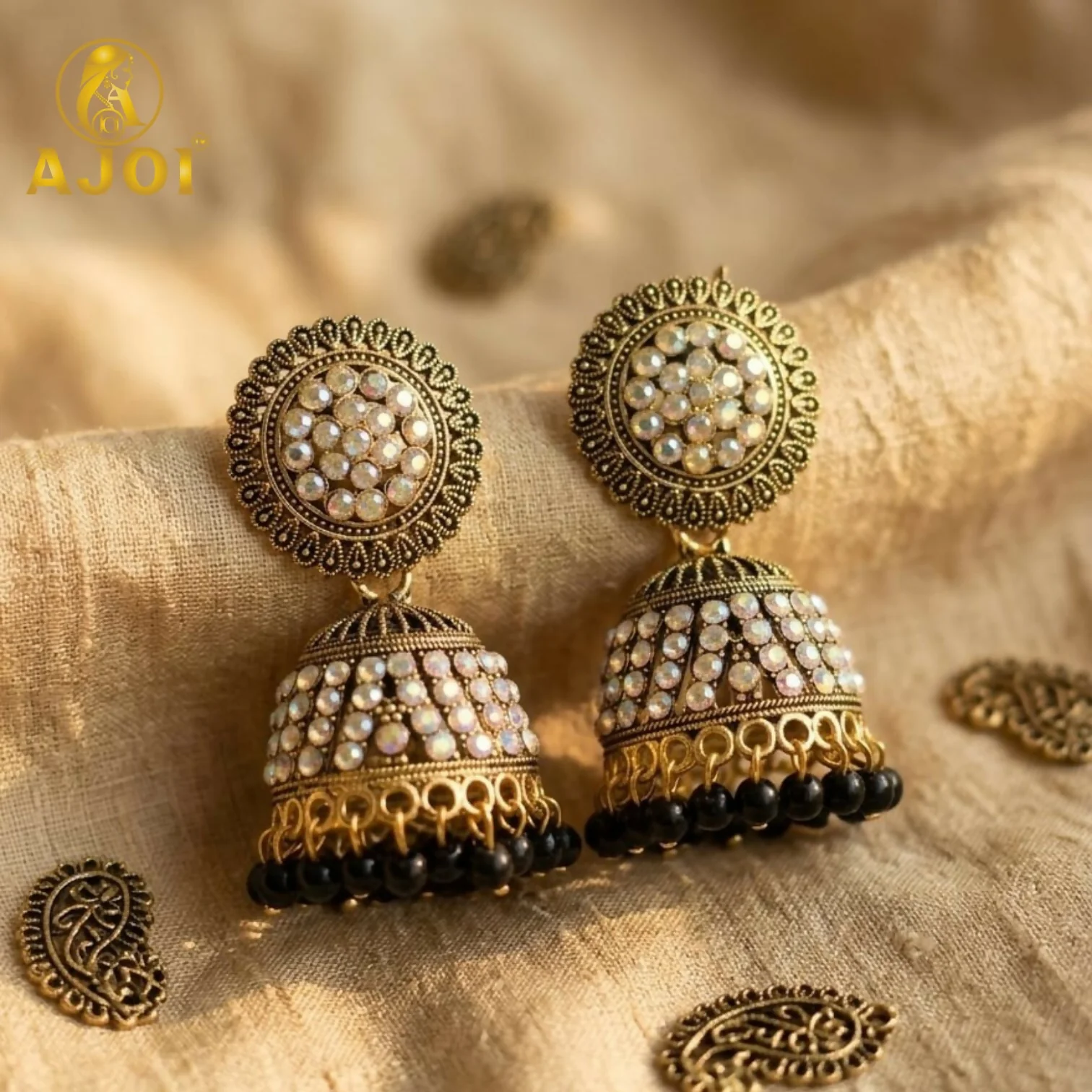 Antique Gold Pearl Jhumka Earrings with Black Bead Drop for Ethnic Wear - Image 3