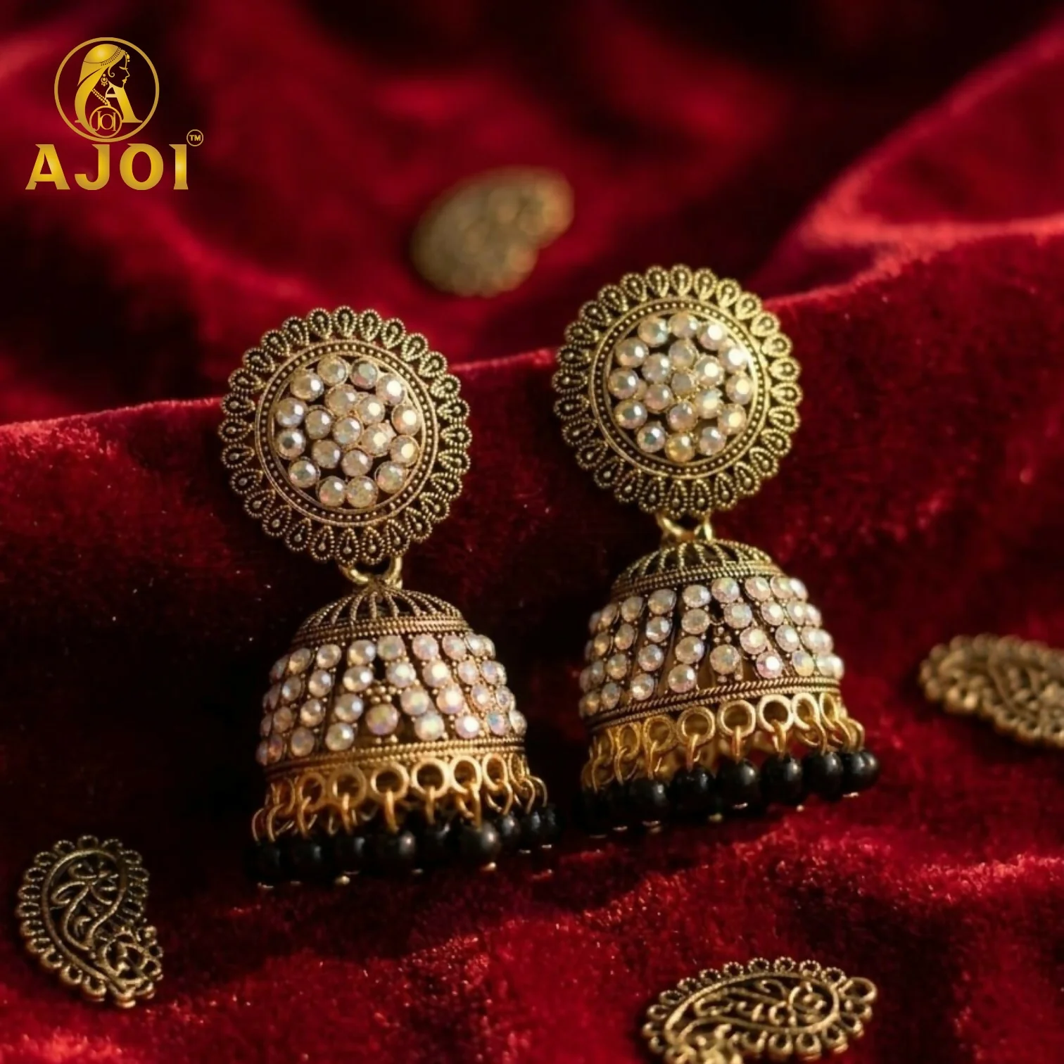 Antique Gold Pearl Jhumka Earrings with Black Bead Drop for Ethnic Wear - Image 4