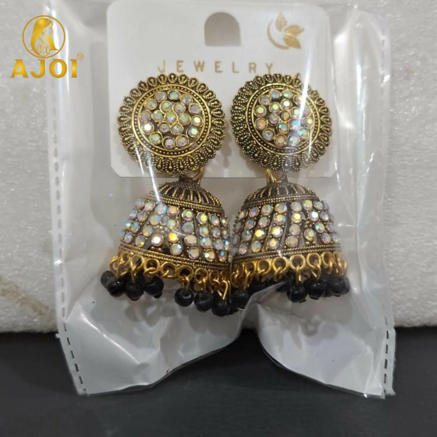 Antique Gold Pearl Jhumka Earrings with Black Bead Drop for Ethnic Wear - Image 5