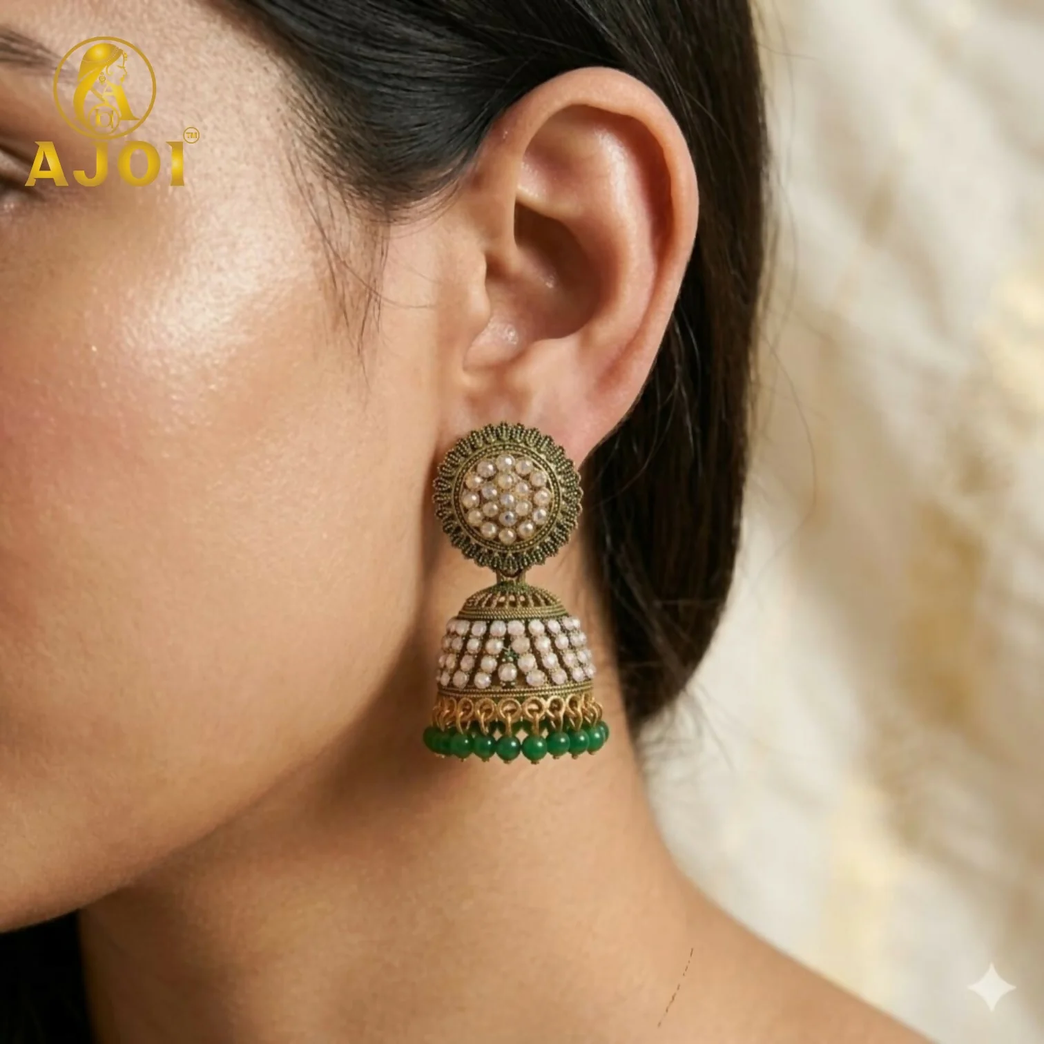 Antique Gold Pearl Jhumka Earrings with Elegant Green Bead Drops - Image 2