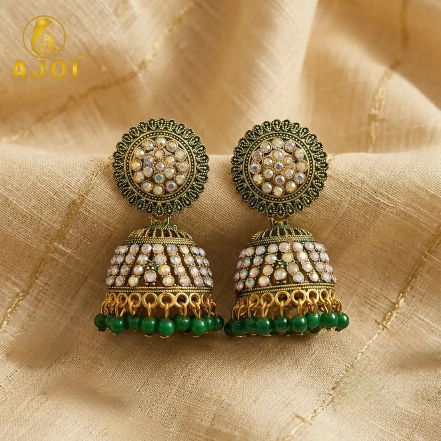 Antique Gold Pearl Jhumka Earrings with Elegant Green Bead Drops - Image 3